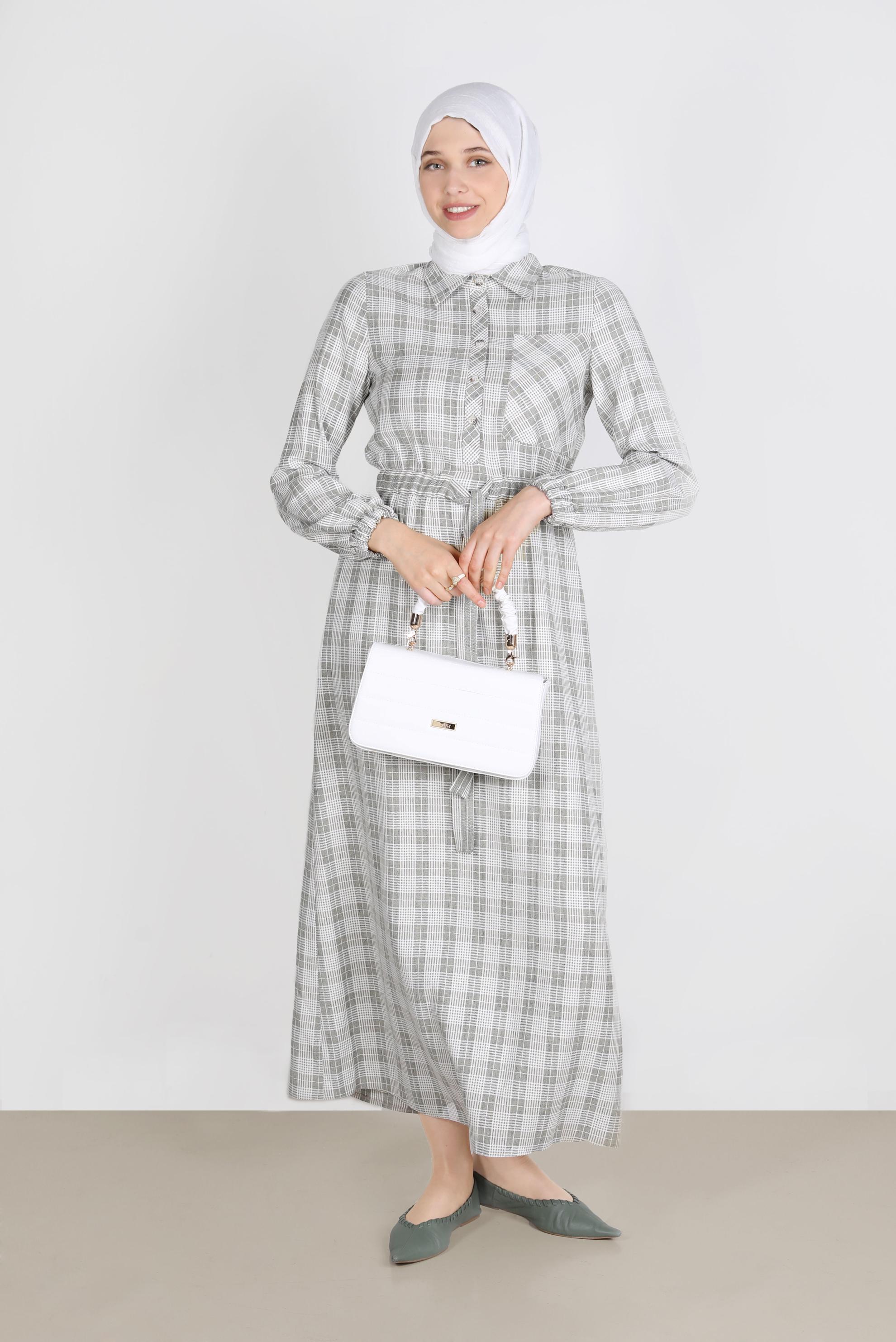 Tesettür giyim HAKİ EKOSE DESENLİ BELİ BÜZGÜLÜ ELBİSE 42709 