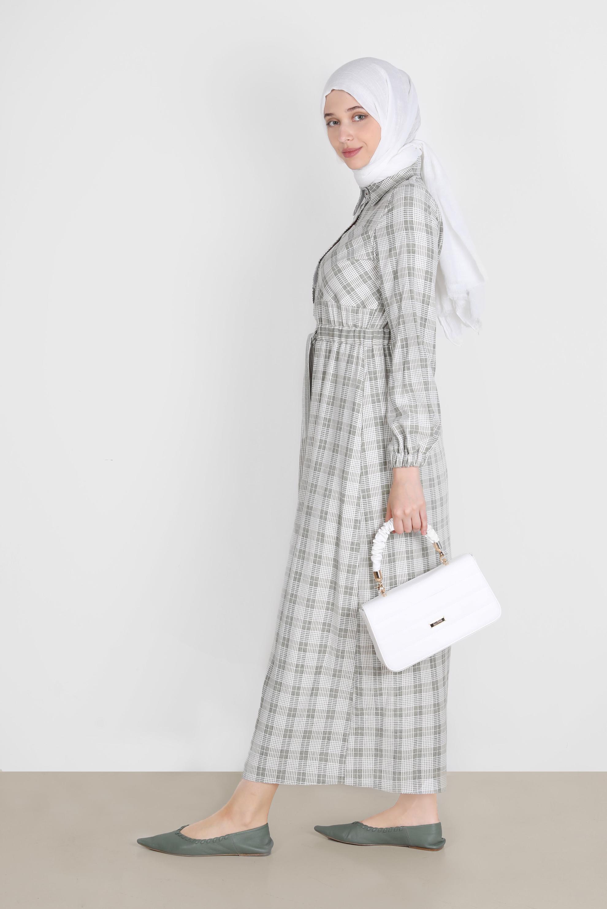 Tesettür giyim HAKİ EKOSE DESENLİ BELİ BÜZGÜLÜ ELBİSE 42709 