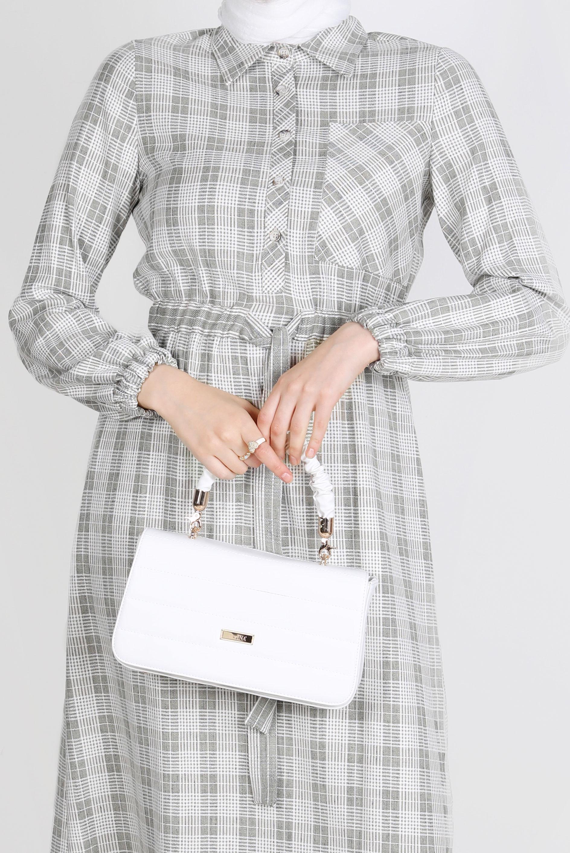 Tesettür giyim HAKİ EKOSE DESENLİ BELİ BÜZGÜLÜ ELBİSE 42709 