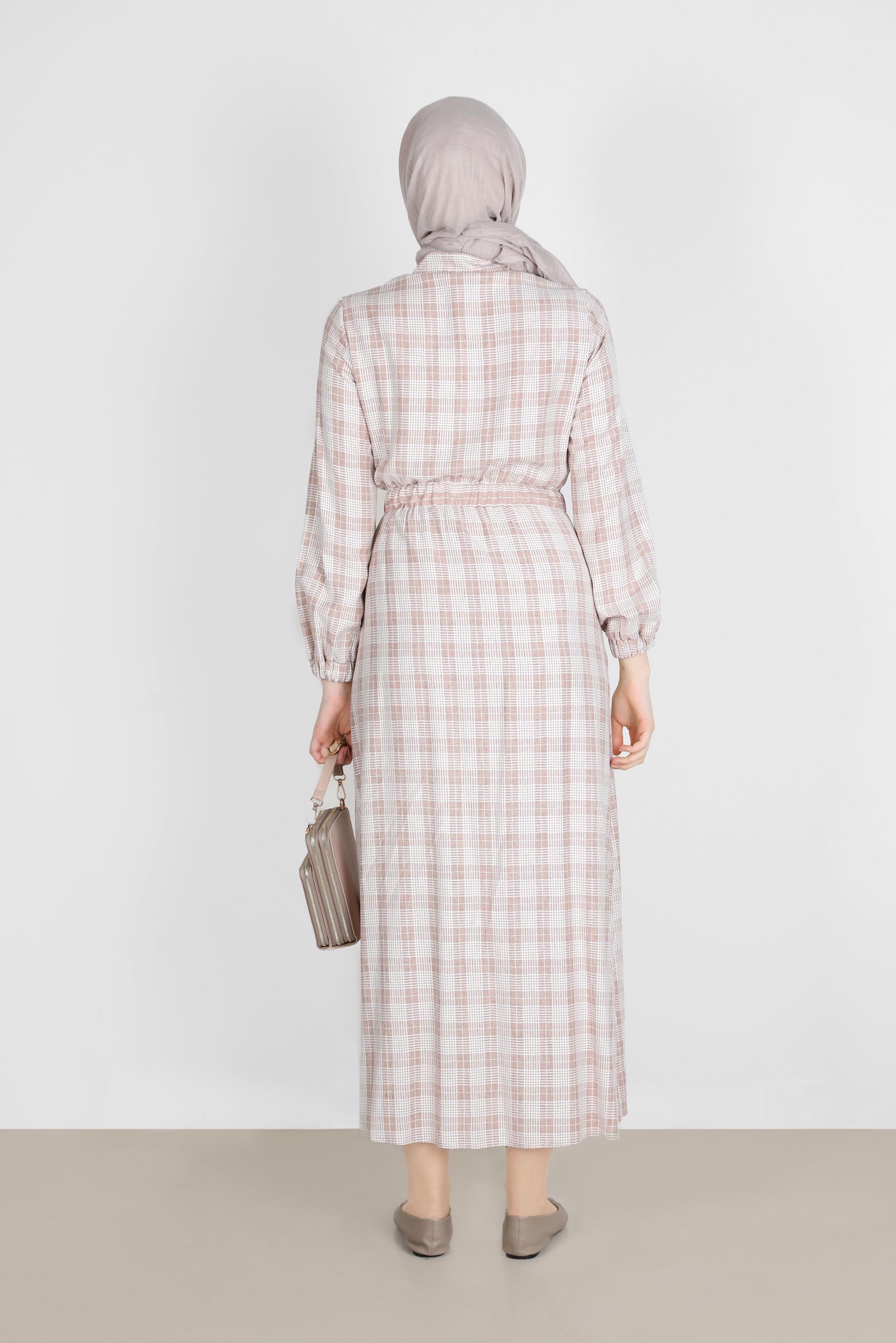 Tesettür giyim VİZON EKOSE DESENLİ BELİ BÜZGÜLÜ ELBİSE 42709 