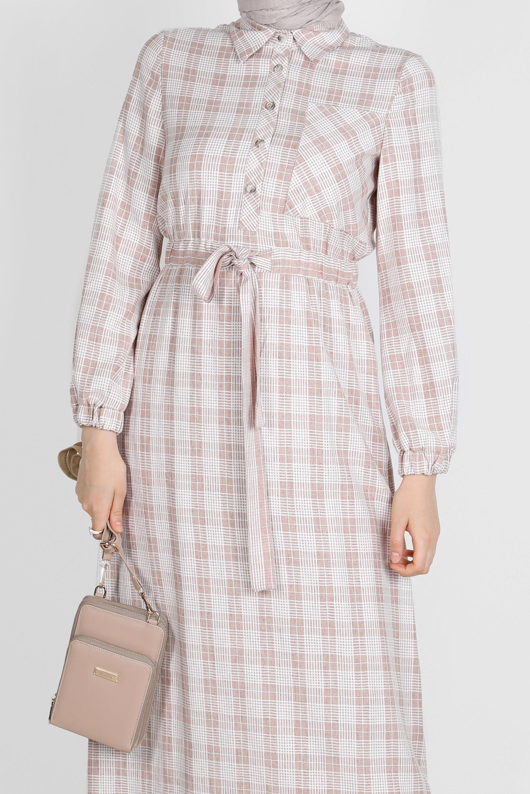 Tesettür giyim VİZON EKOSE DESENLİ BELİ BÜZGÜLÜ ELBİSE 42709 