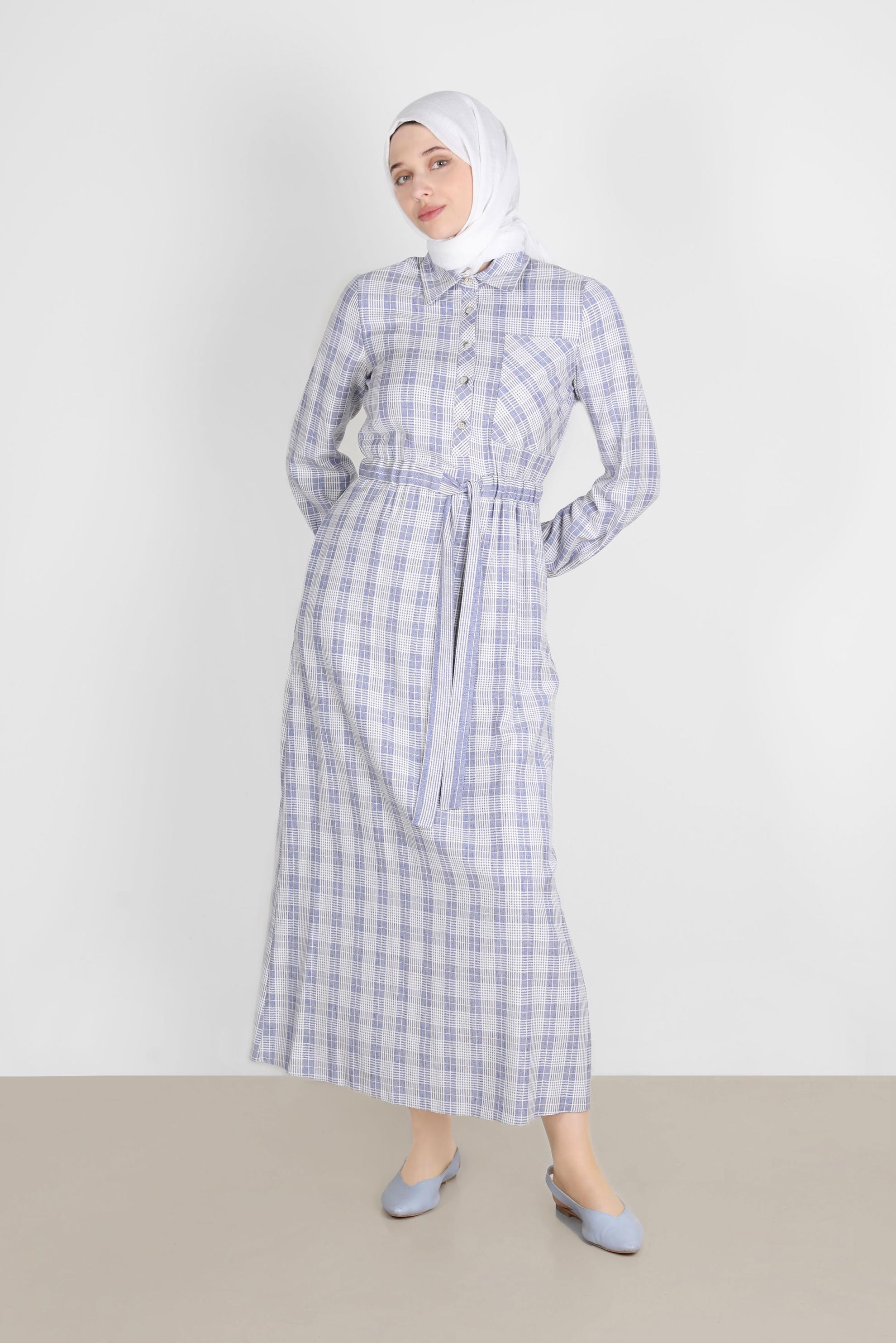 Tesettür giyim LACİVERT EKOSE DESENLİ BELİ BÜZGÜLÜ ELBİSE 42709 