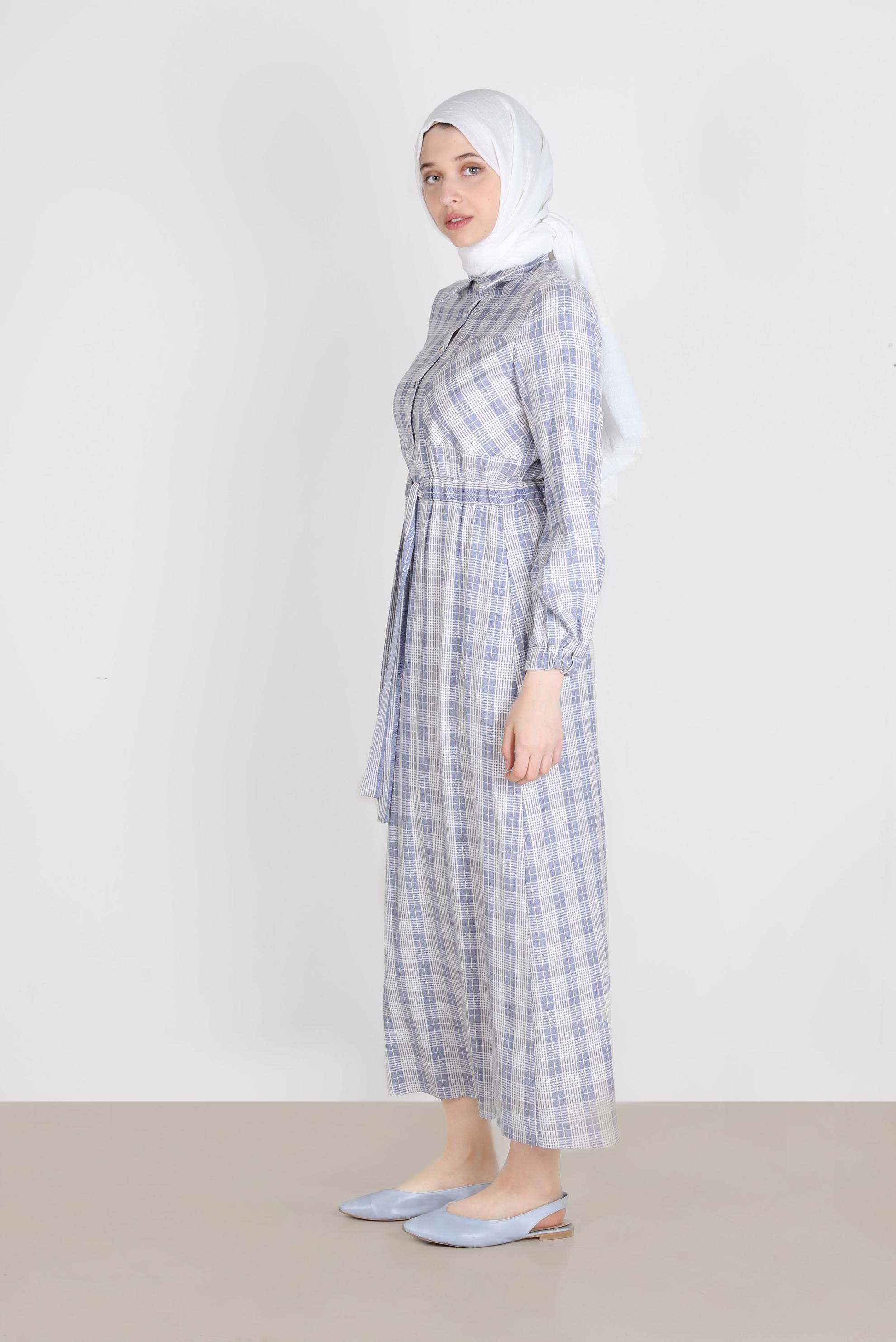 Tesettür giyim LACİVERT EKOSE DESENLİ BELİ BÜZGÜLÜ ELBİSE 42709 