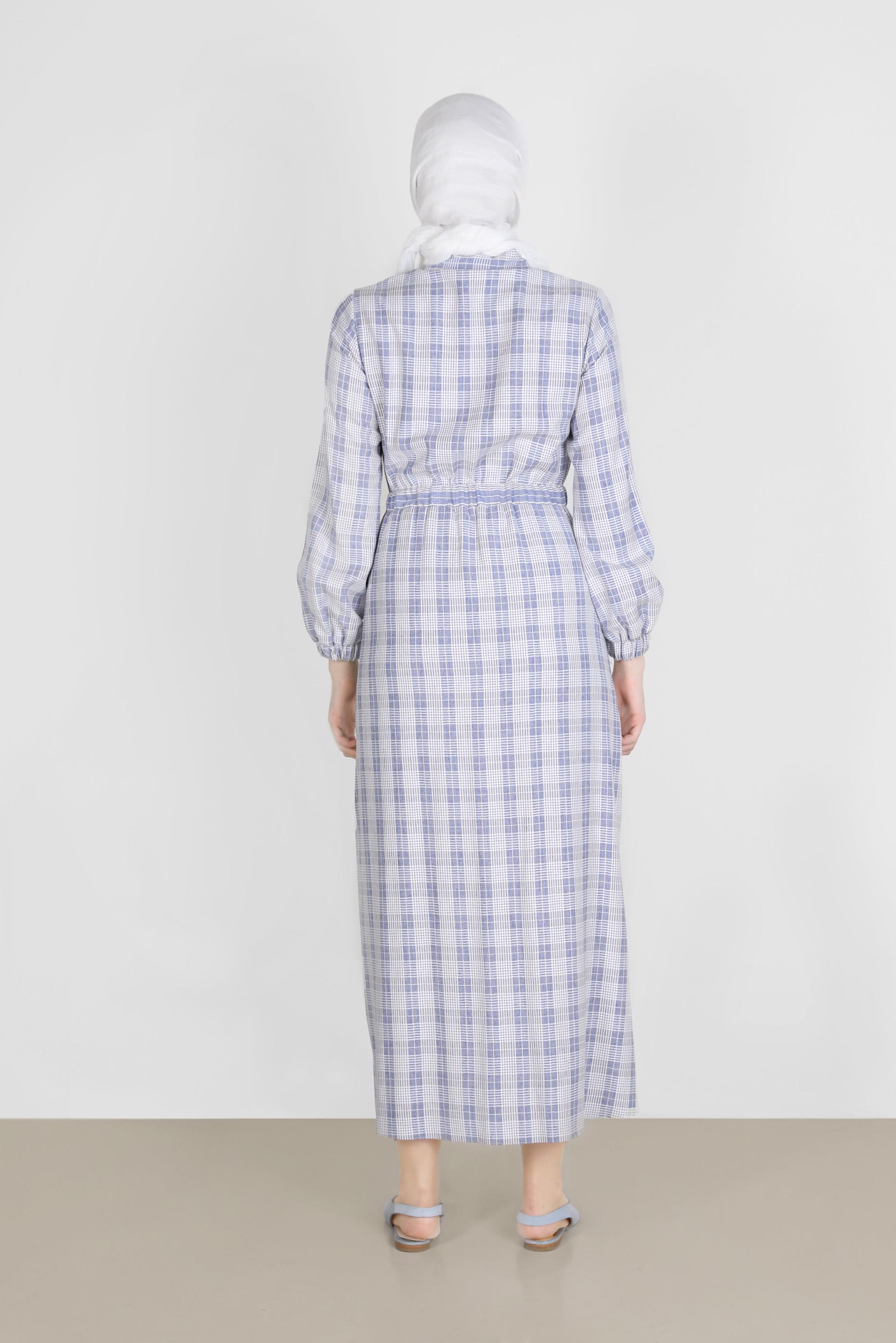 Tesettür giyim LACİVERT EKOSE DESENLİ BELİ BÜZGÜLÜ ELBİSE 42709 