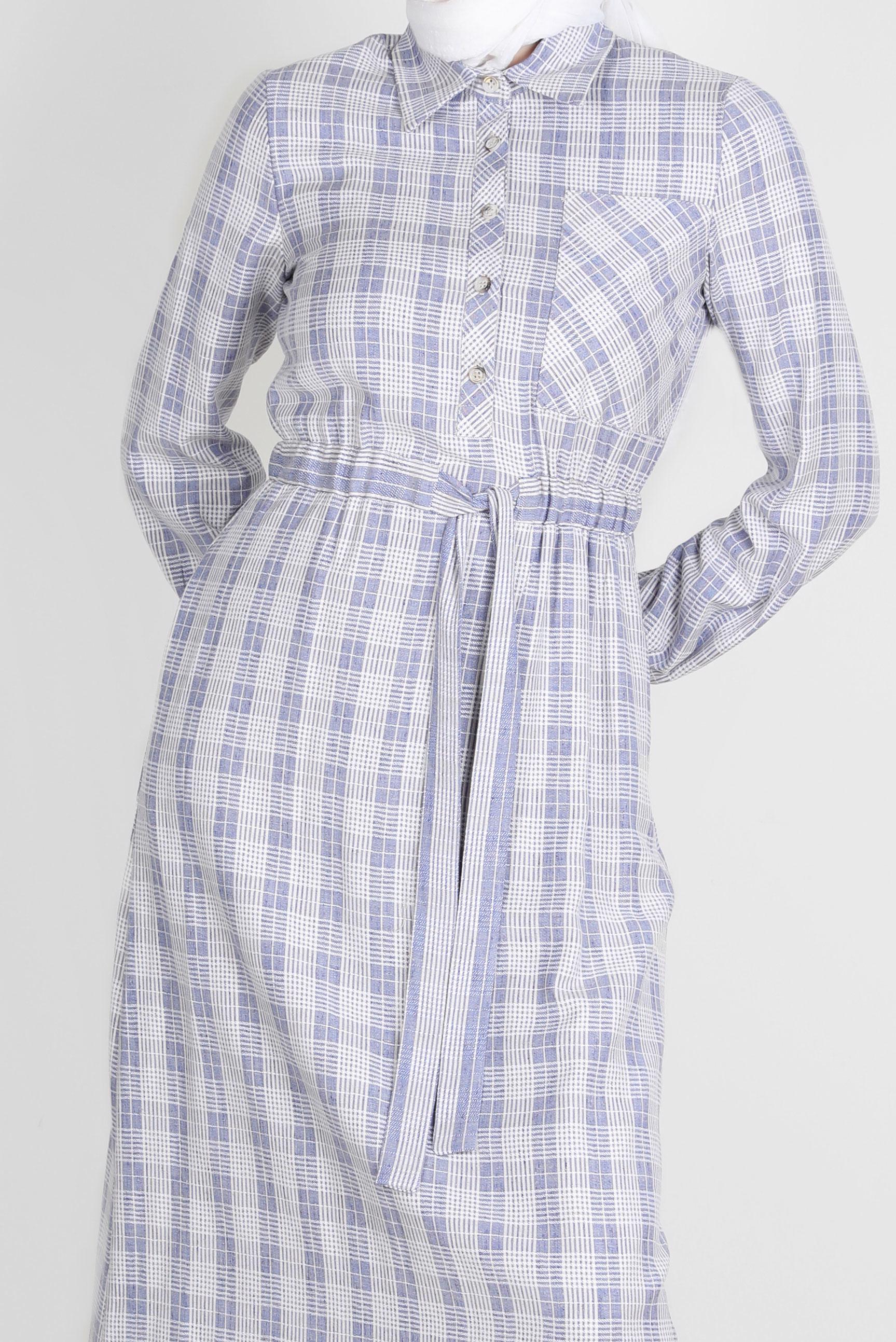 Tesettür giyim LACİVERT EKOSE DESENLİ BELİ BÜZGÜLÜ ELBİSE 42709 