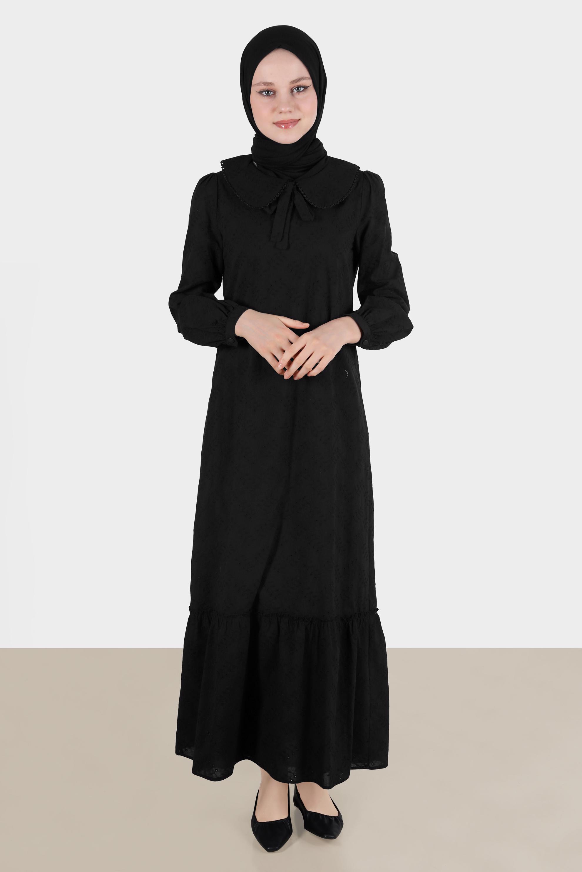 Tesettür giyim SİYAH BEBE YAKA FİSTOLU ELBİSE 42710 