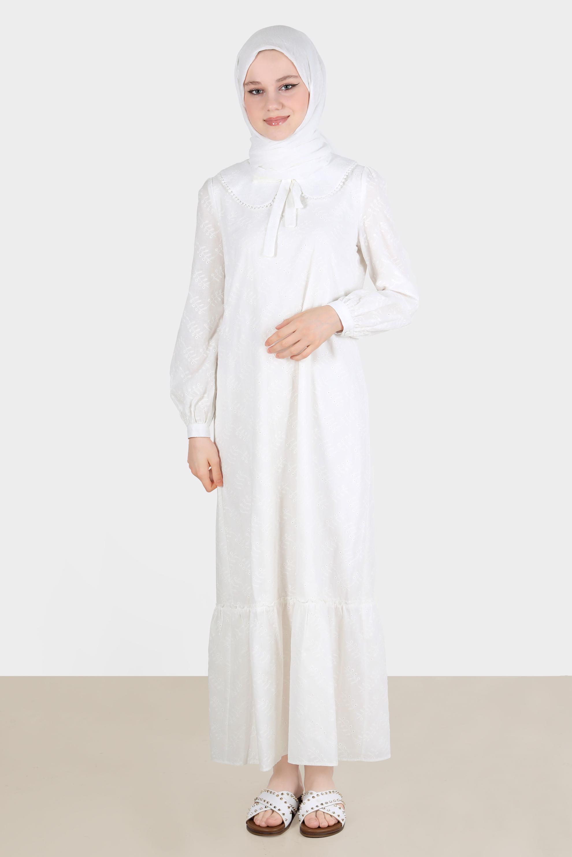 Tesettür giyim BEYAZ BEBE YAKA FİSTOLU ELBİSE 42710 