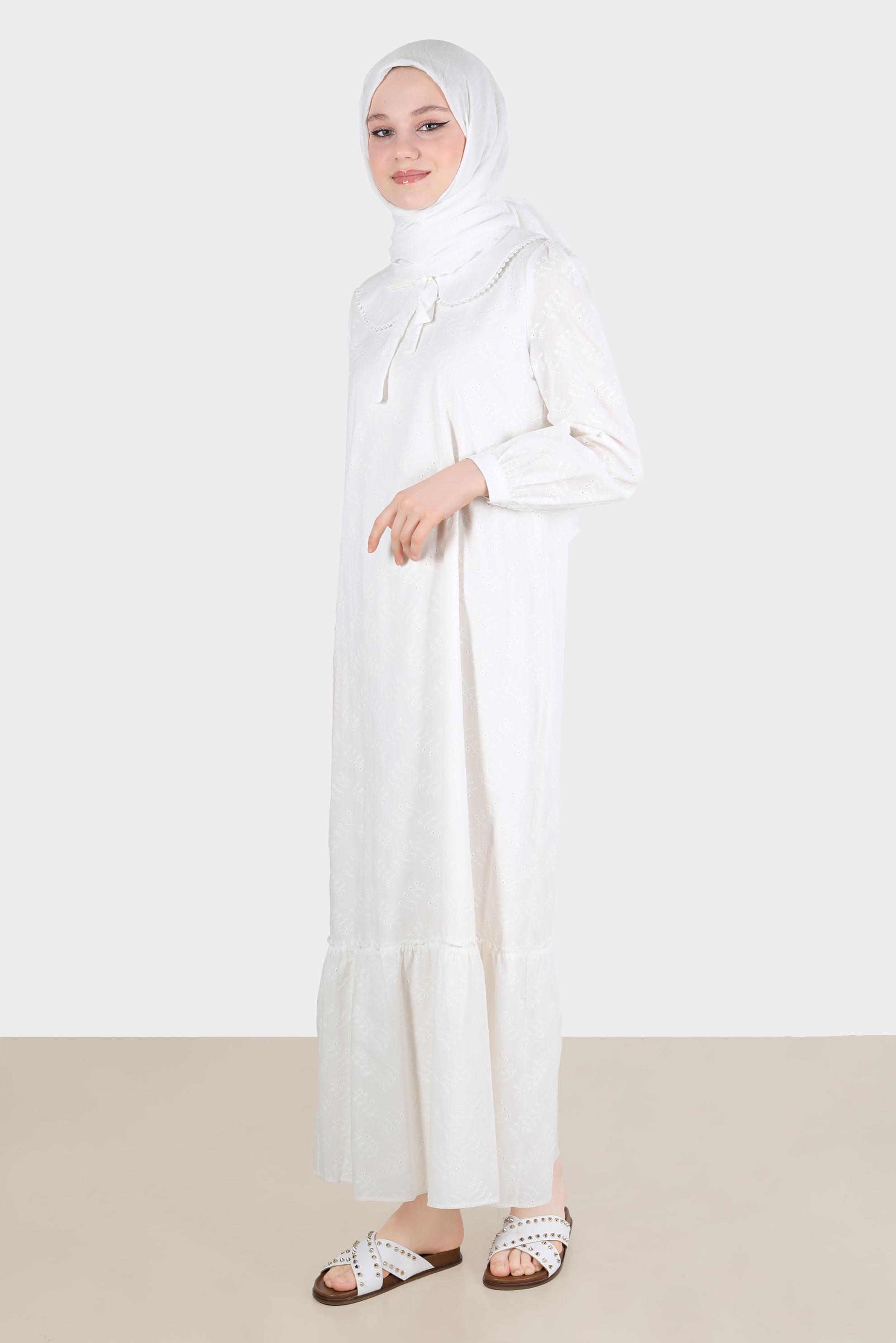 Tesettür giyim BEYAZ BEBE YAKA FİSTOLU ELBİSE 42710 