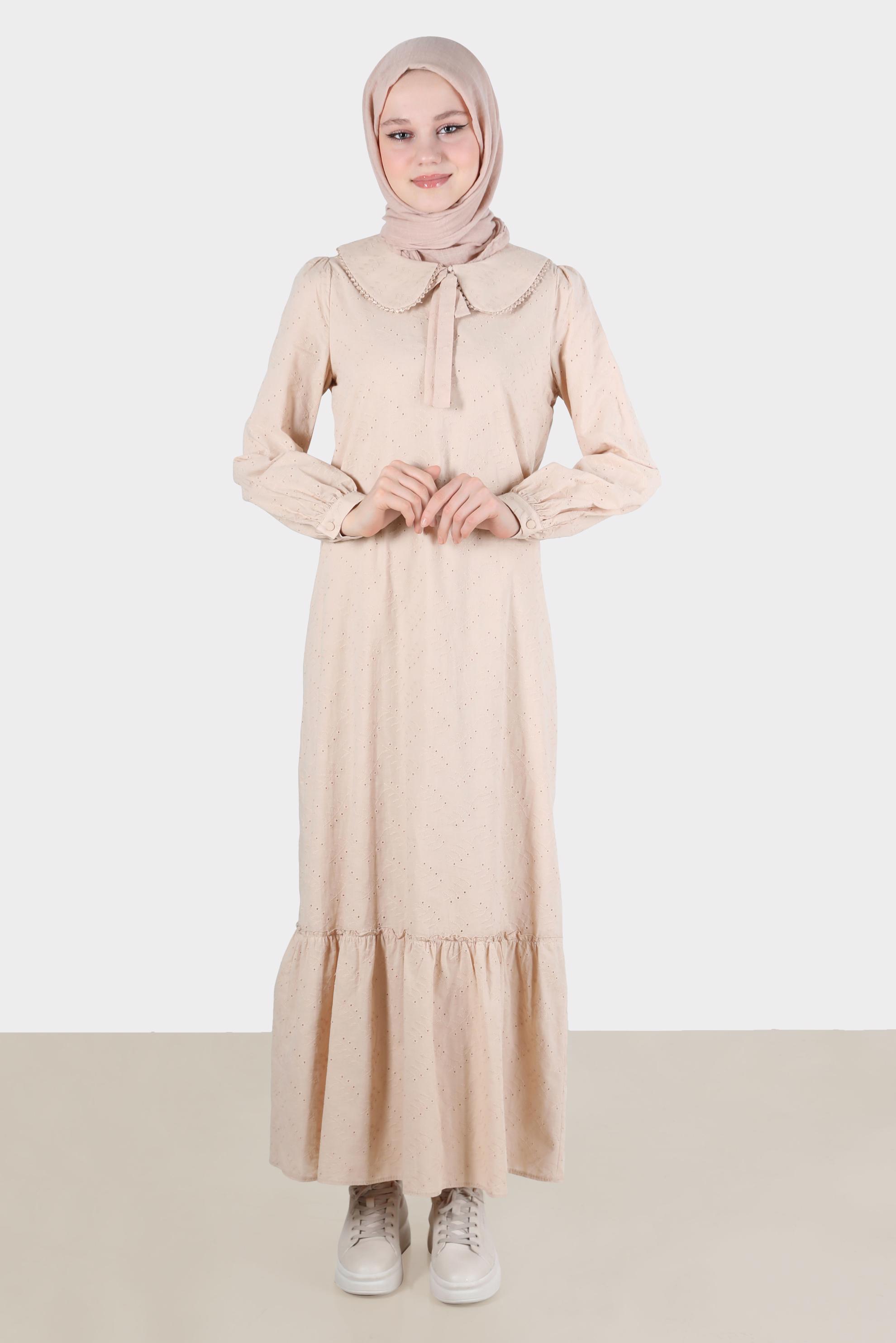 Tesettür giyim BEJ BEBE YAKA FİSTOLU ELBİSE 42710 