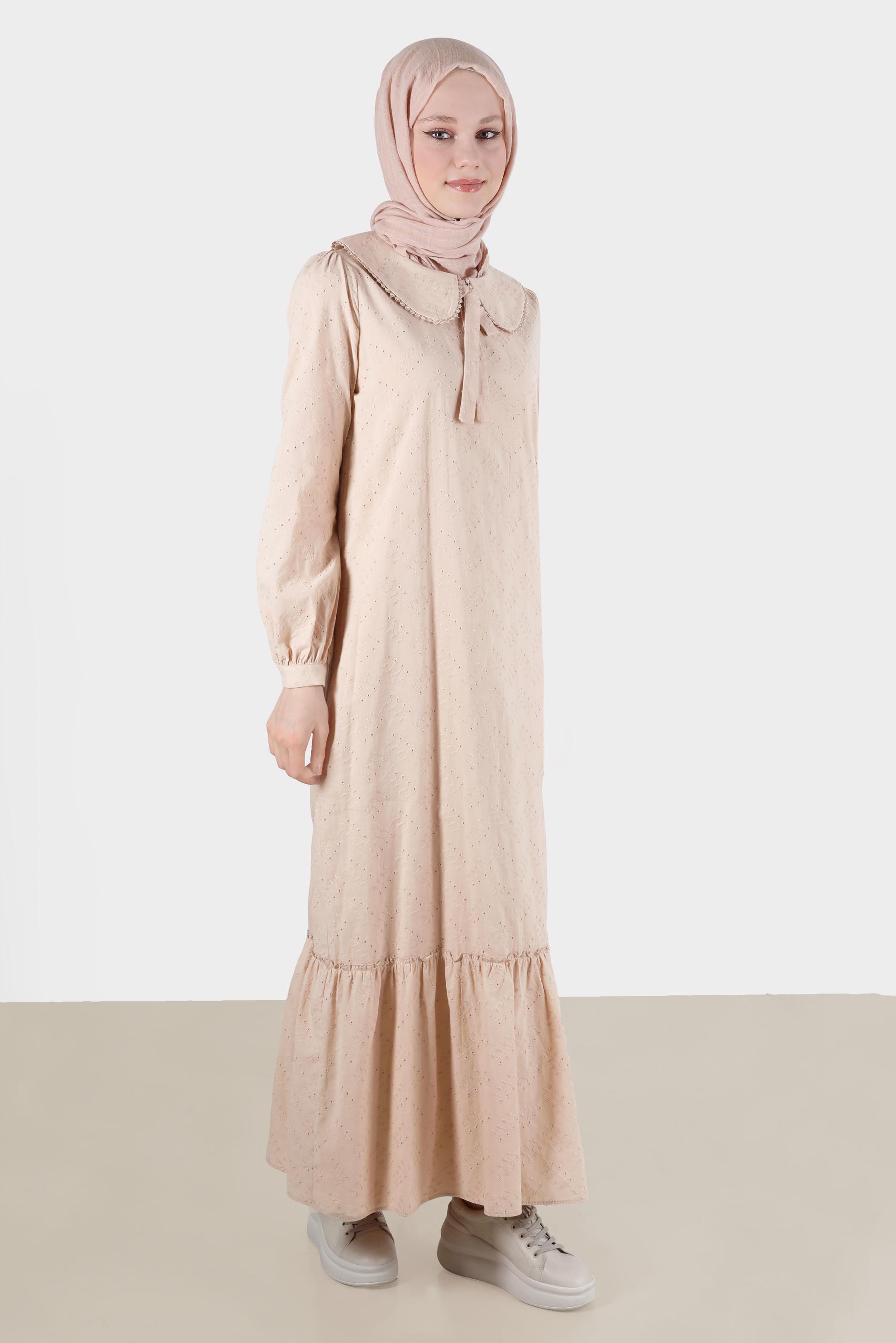 Tesettür giyim BEJ BEBE YAKA FİSTOLU ELBİSE 42710 