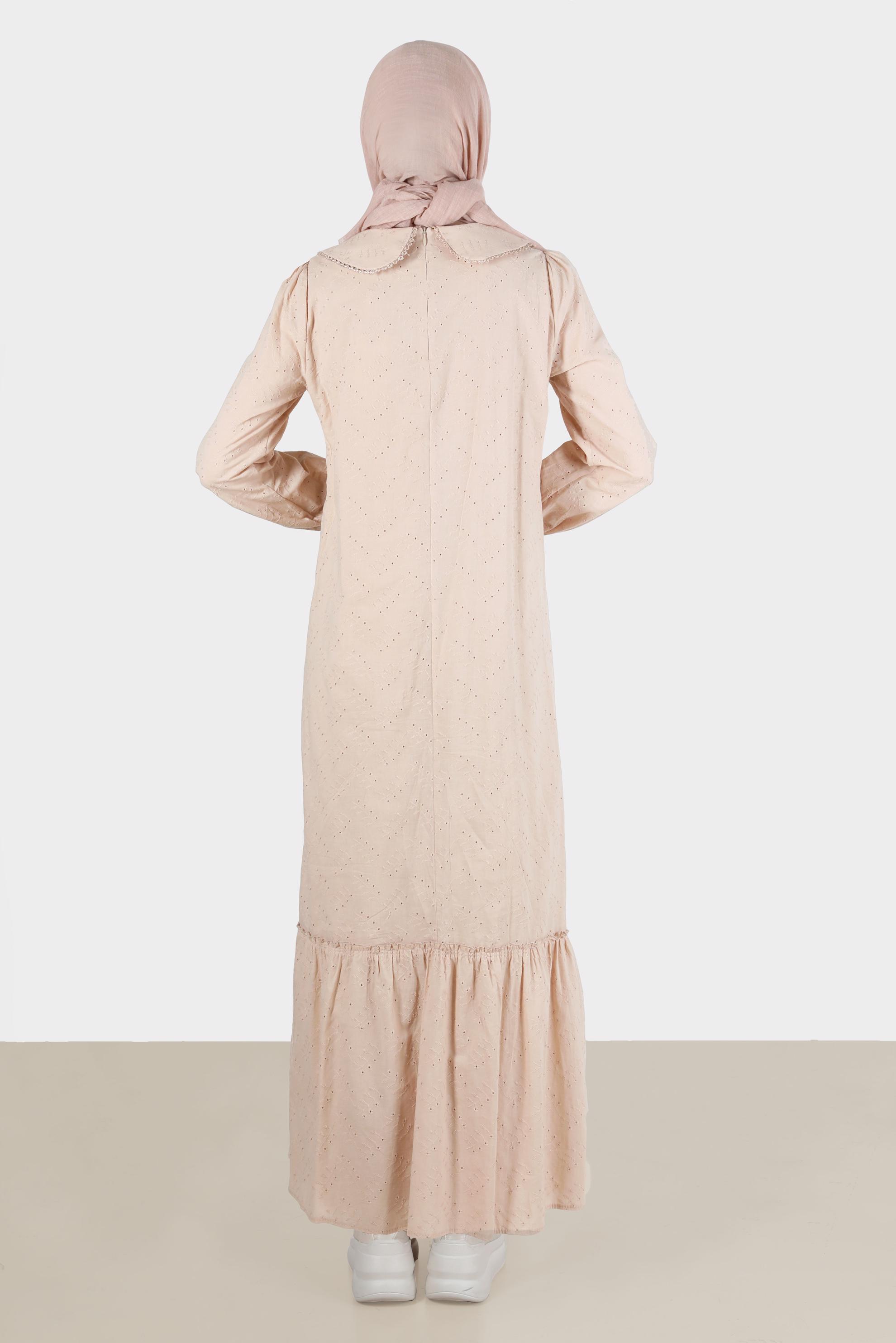 Tesettür giyim BEJ BEBE YAKA FİSTOLU ELBİSE 42710 