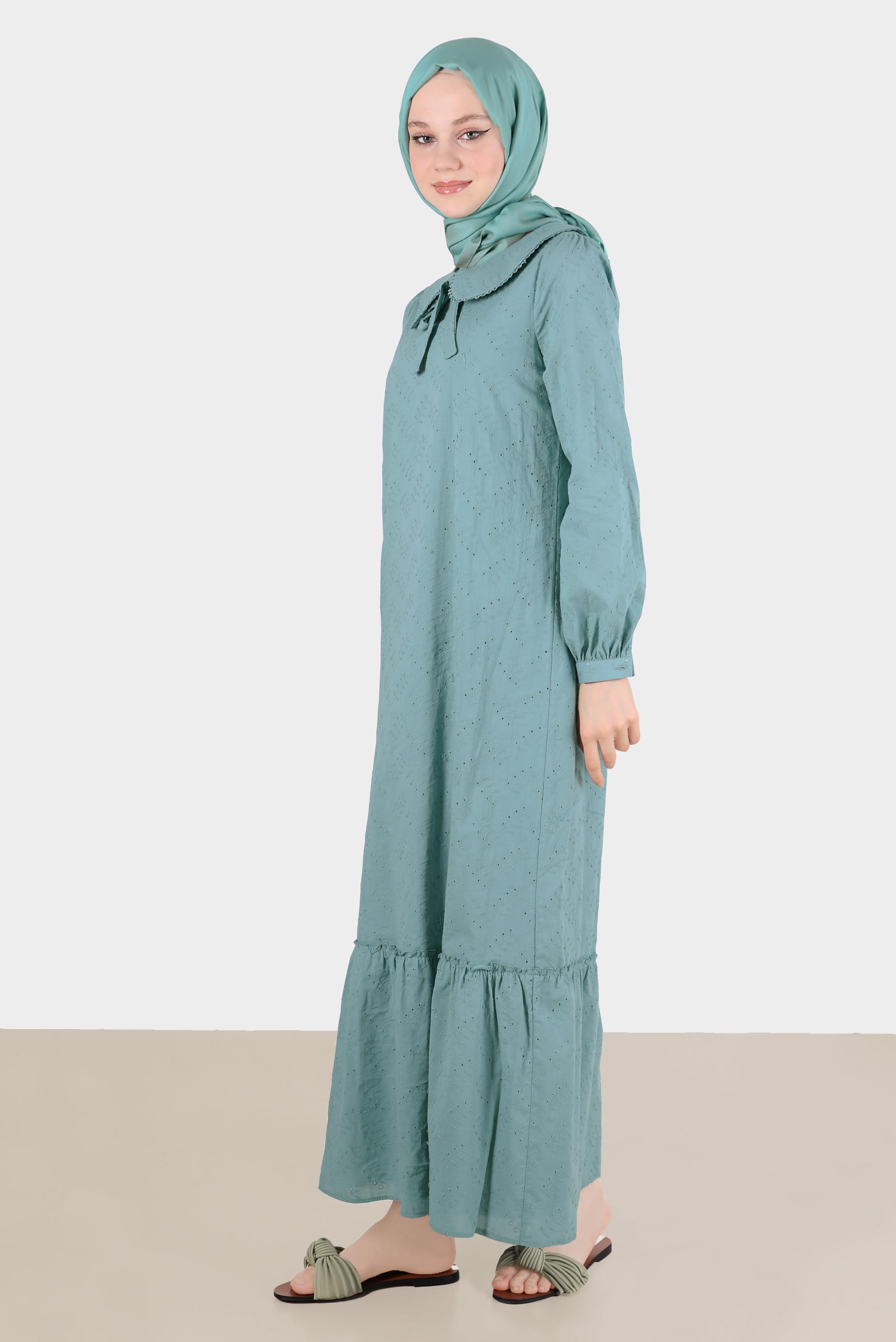 Tesettür giyim MAVİ BEBE YAKA FİSTOLU ELBİSE 42710 