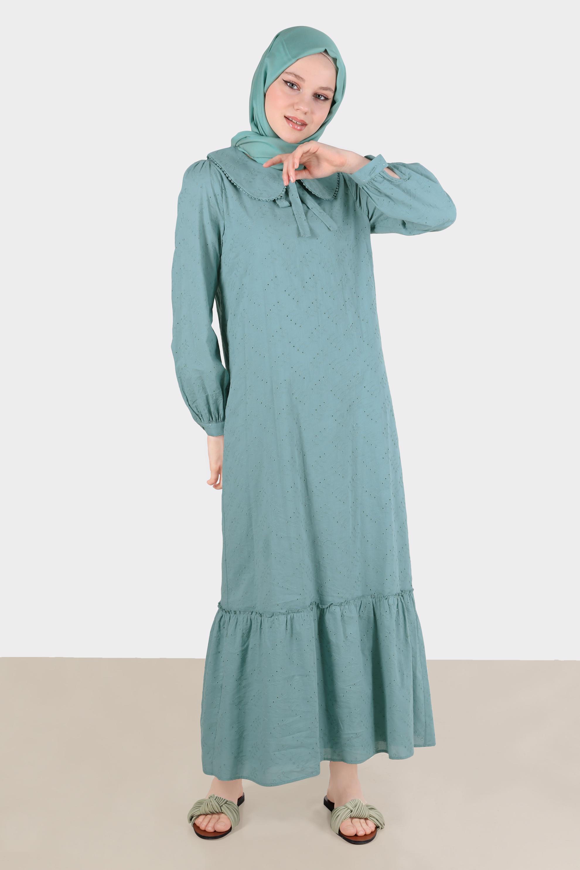 Tesettür giyim MAVİ BEBE YAKA FİSTOLU ELBİSE 42710 