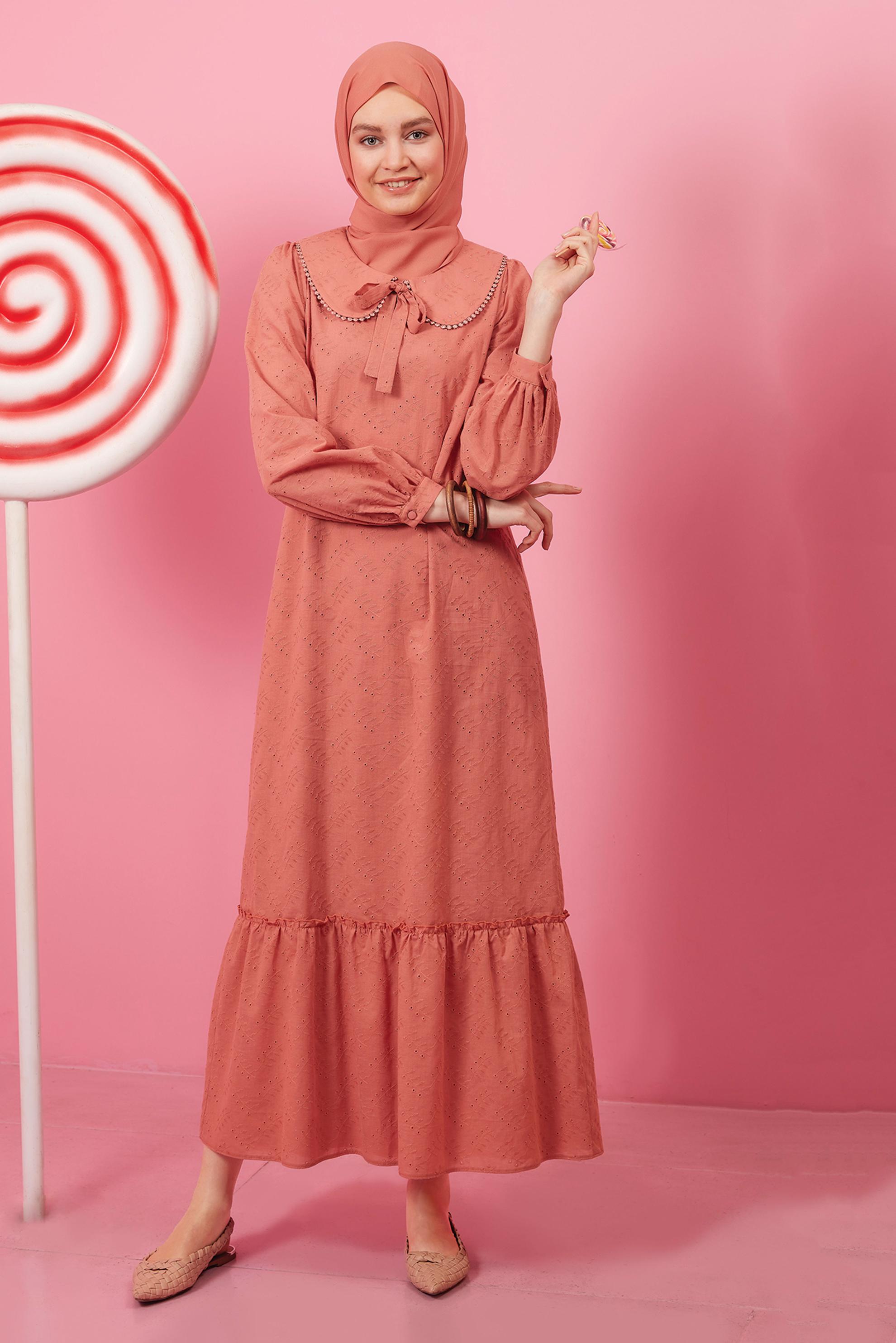 Tesettür giyim PEMBE BEBE YAKA FİSTOLU ELBİSE 42710 