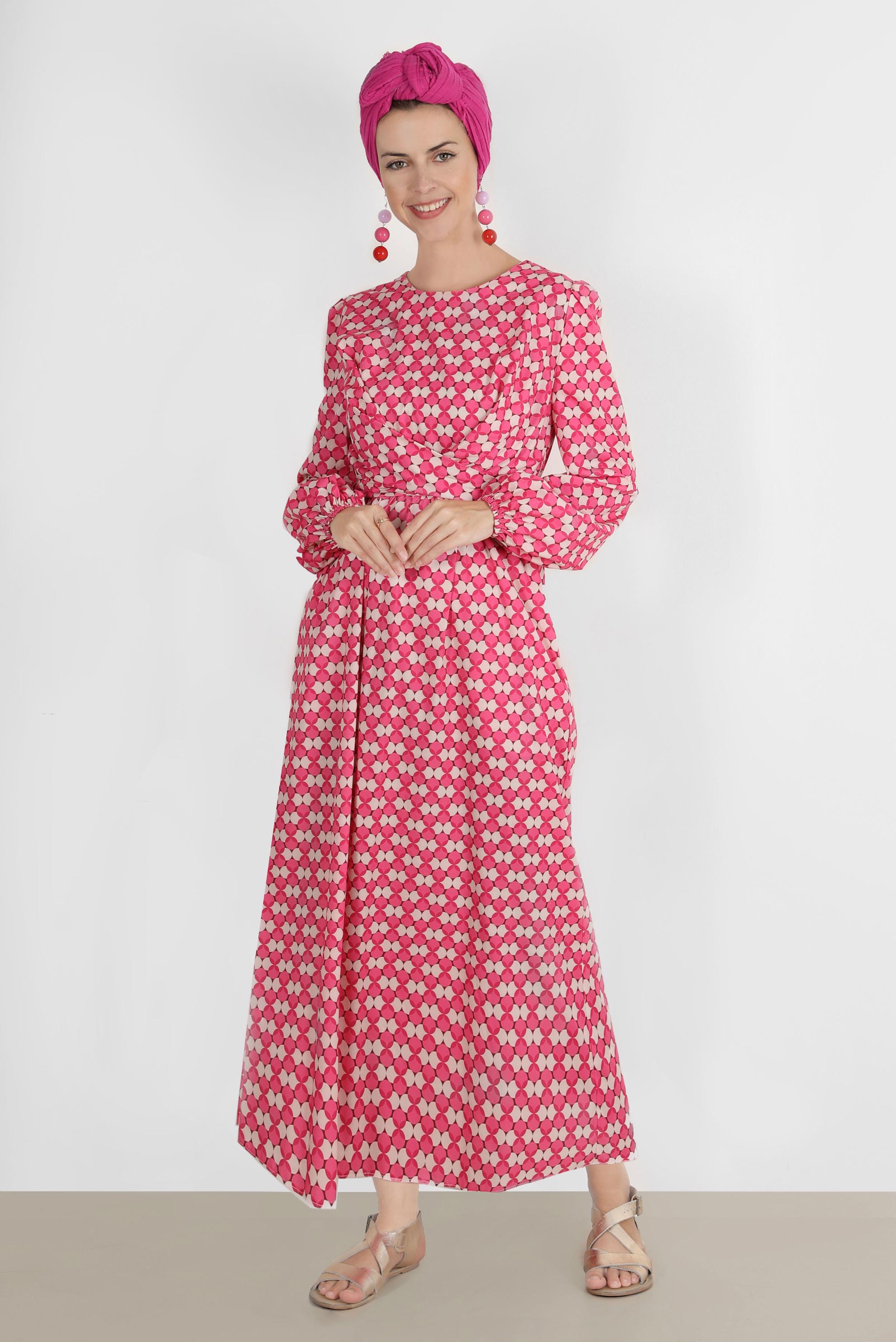 Tesettür giyim FUŞYA BAĞLAMA DETAYLI DESENLİ ELBİSE 42711 