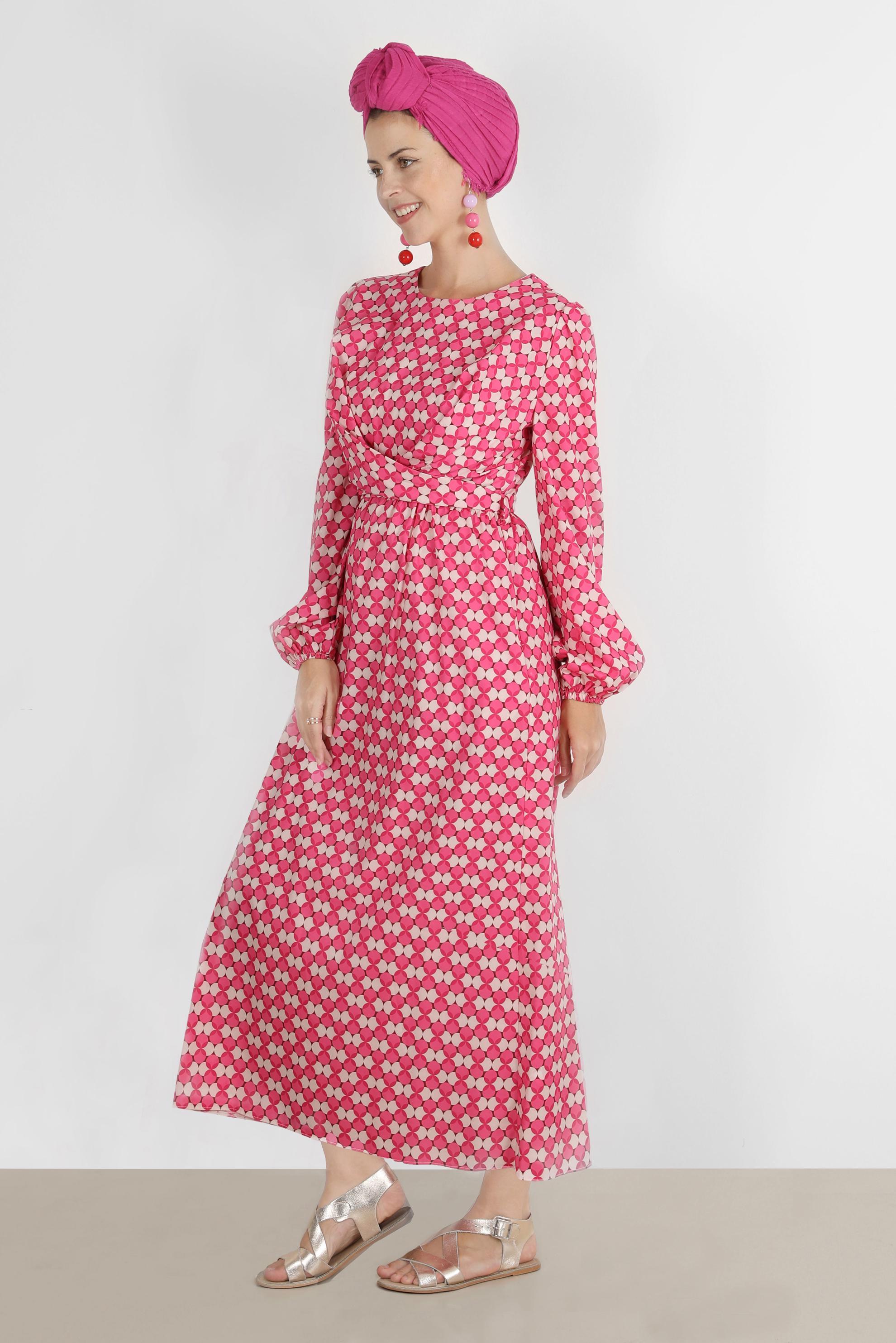 Tesettür giyim FUŞYA BAĞLAMA DETAYLI DESENLİ ELBİSE 42711 