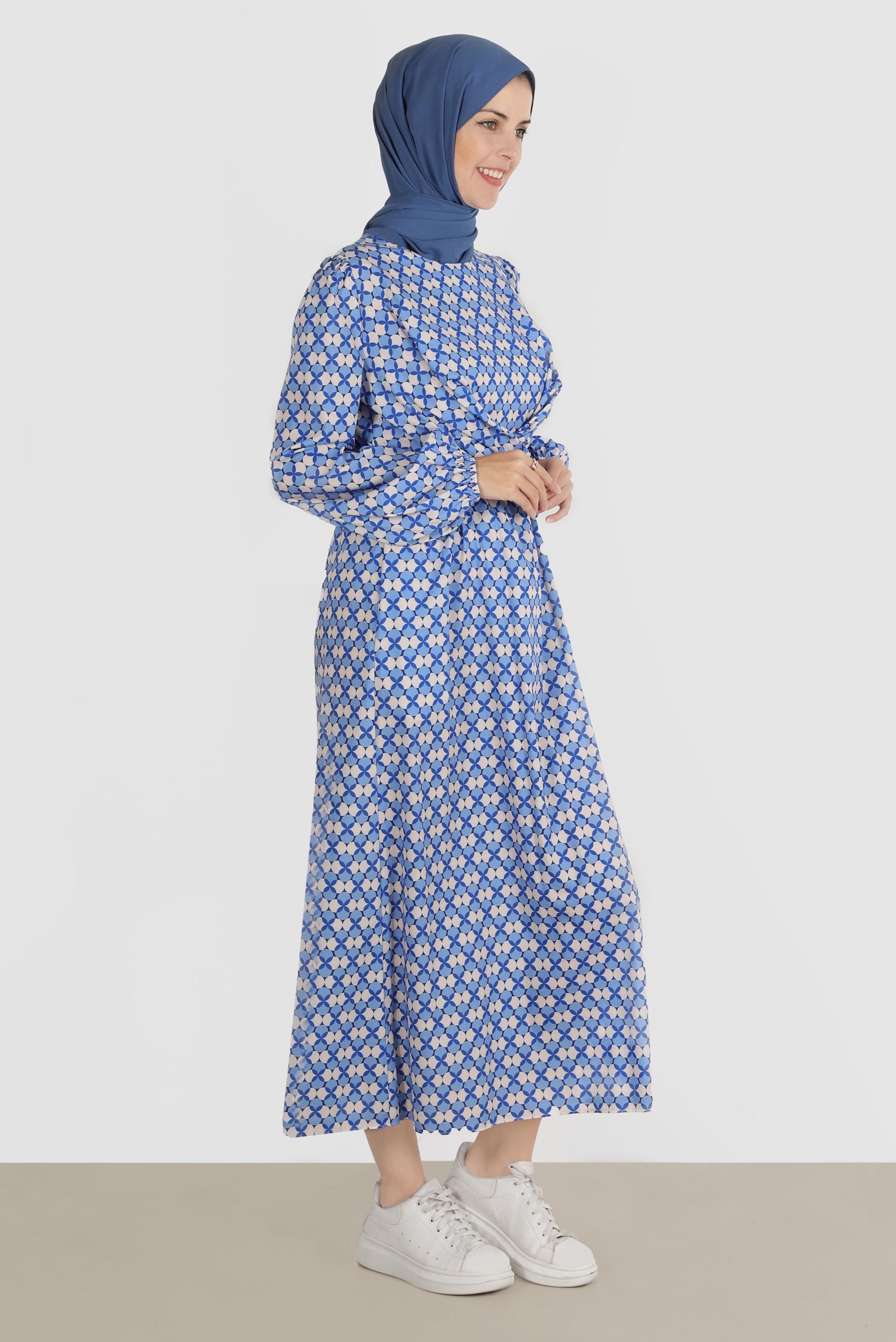 Tesettür giyim LACİVERT BAĞLAMA DETAYLI DESENLİ ELBİSE 42711 