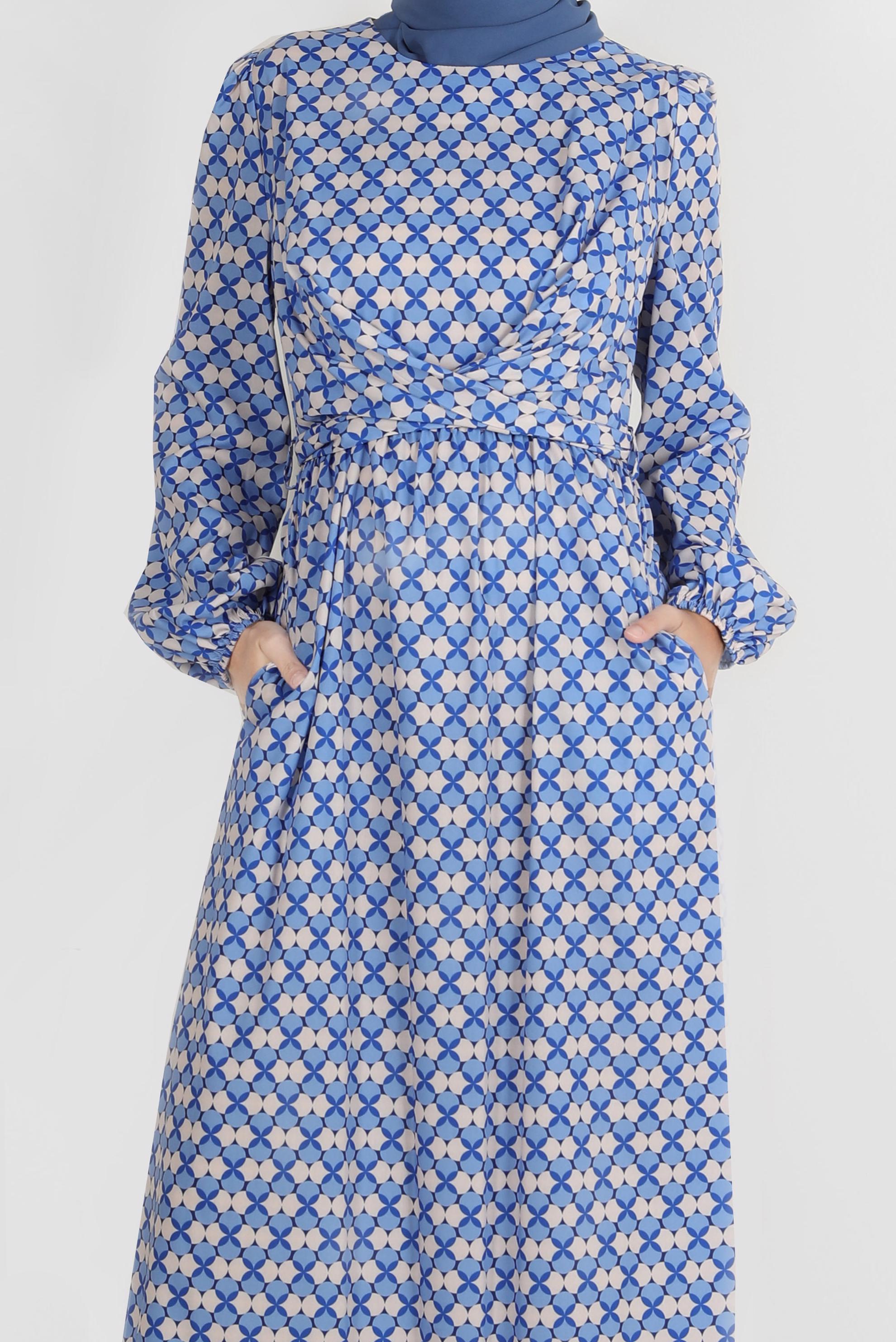 Tesettür giyim LACİVERT BAĞLAMA DETAYLI DESENLİ ELBİSE 42711 