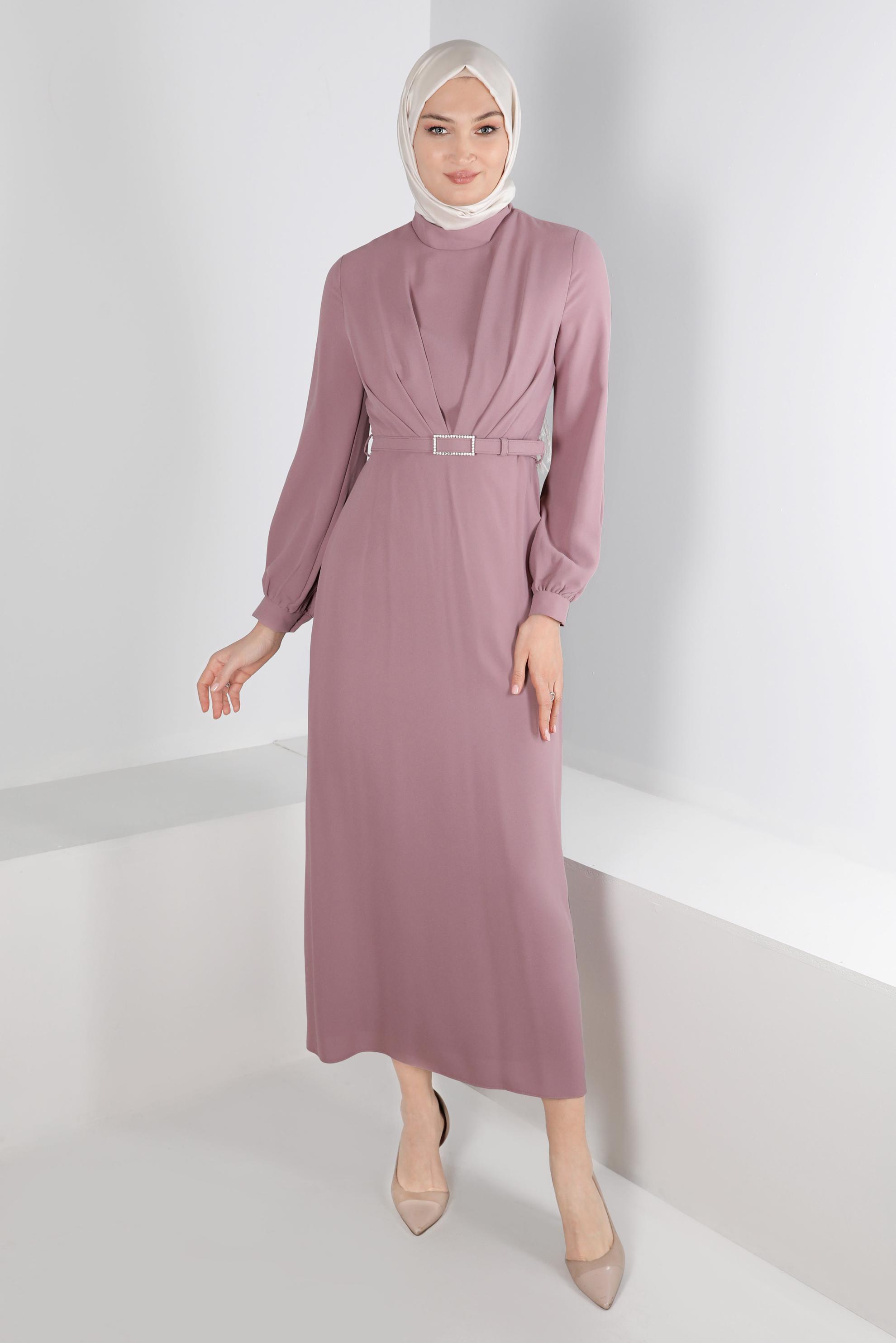 Tesettür giyim PUDRA KOLLARI TAŞ DETAYLI KREP ELBİSE 42714