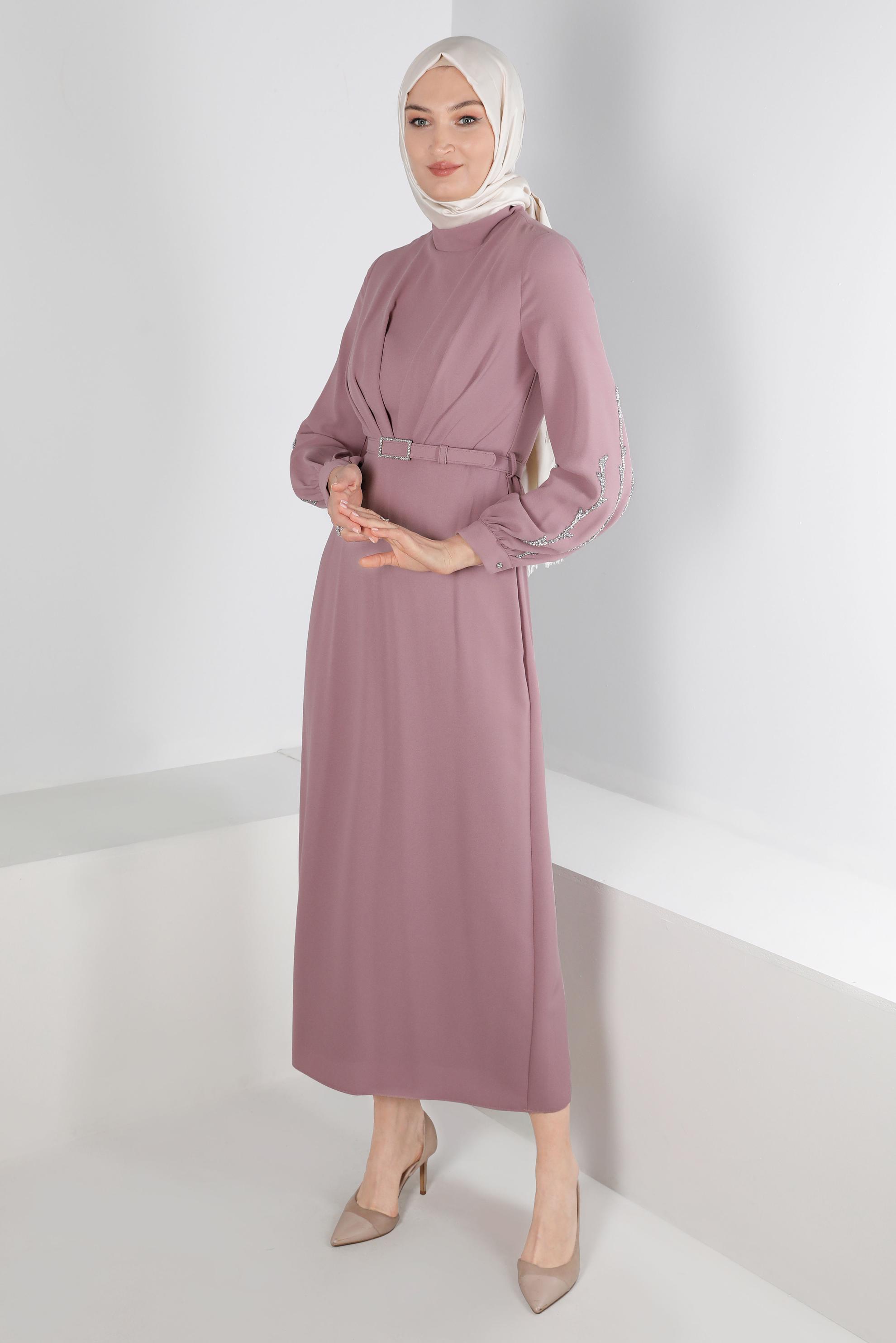 Tesettür giyim PUDRA KOLLARI TAŞ DETAYLI KREP ELBİSE 42714