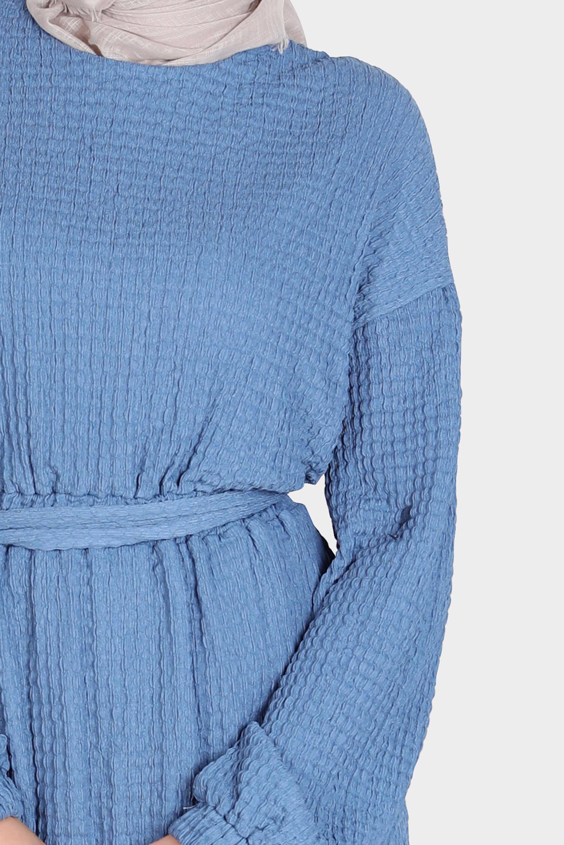 Tesettür giyim LACİVERT WAFFLE EFEKTLİ KUŞAKLI ELBİSE 42719 