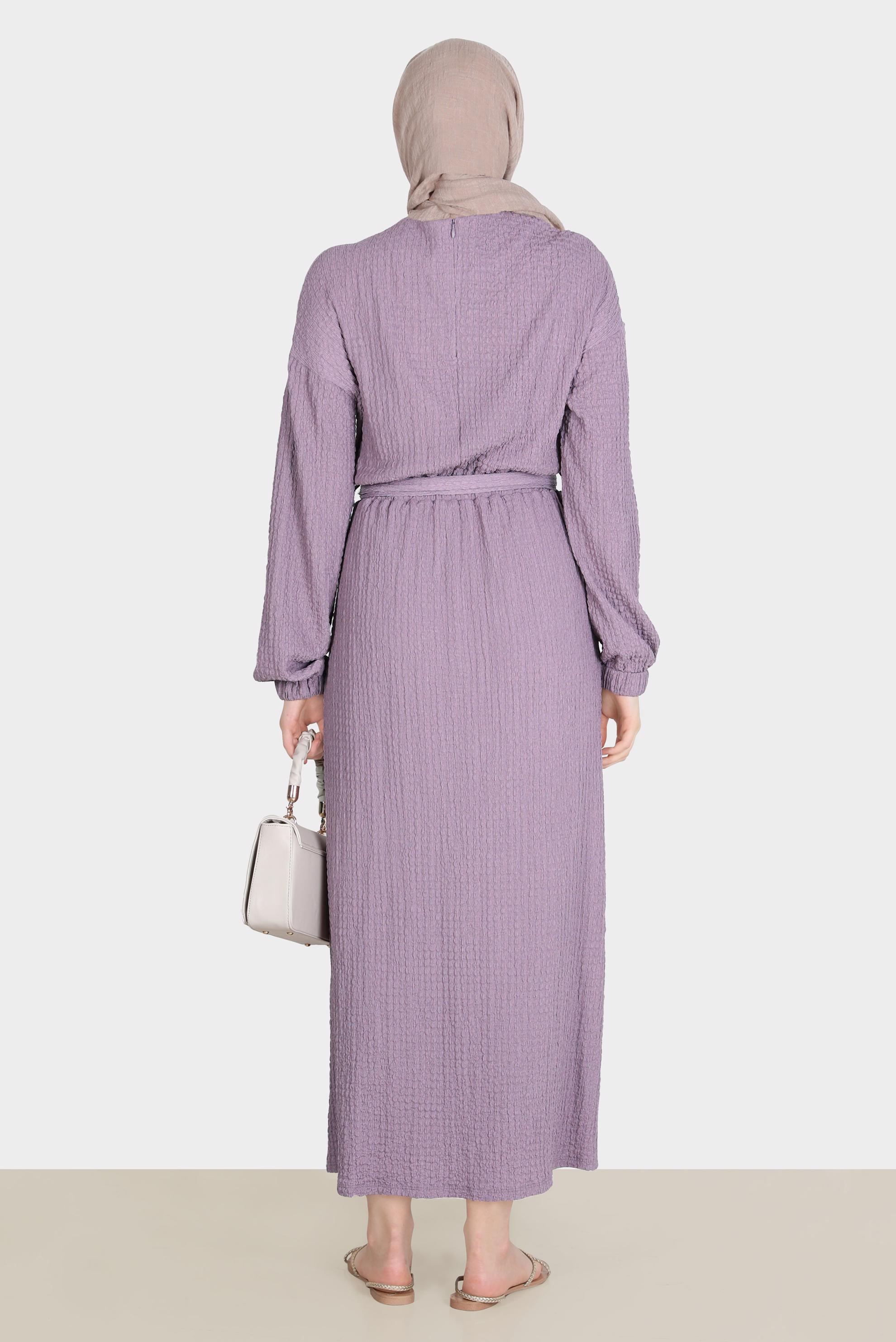 Tesettür giyim MOR WAFFLE EFEKTLİ KUŞAKLI ELBİSE 42719 