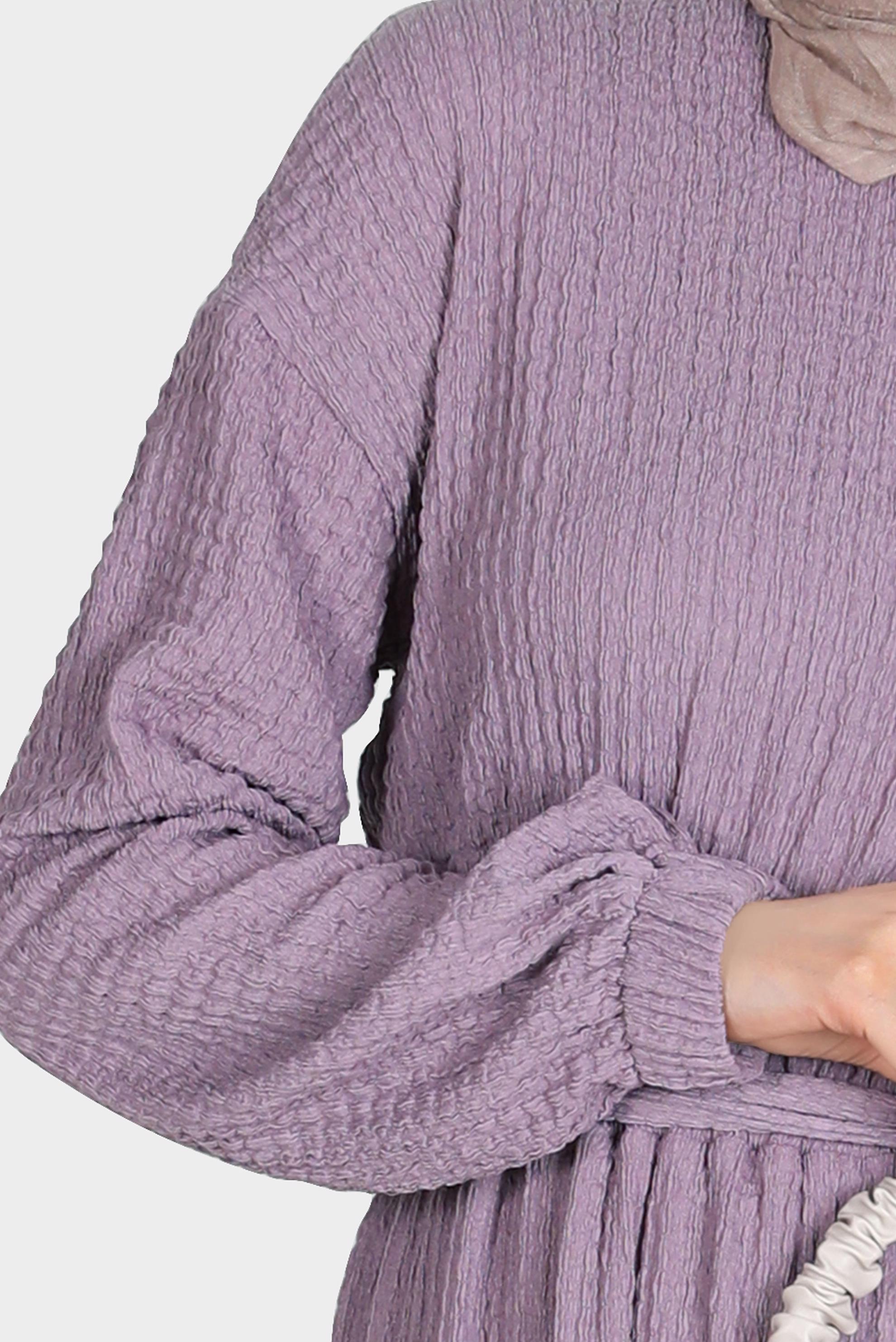 Tesettür giyim MOR WAFFLE EFEKTLİ KUŞAKLI ELBİSE 42719 