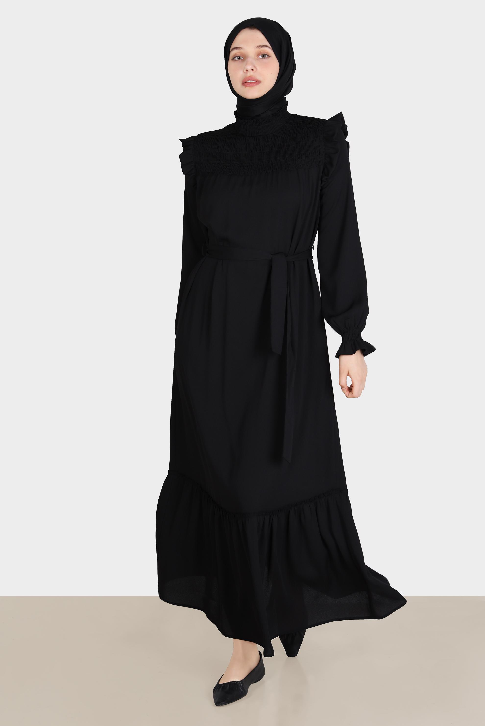 Tesettür giyim SİYAH OMUZLARI FIRFIRLI KUŞAKLI AEROBİN ELBİSE 42720 