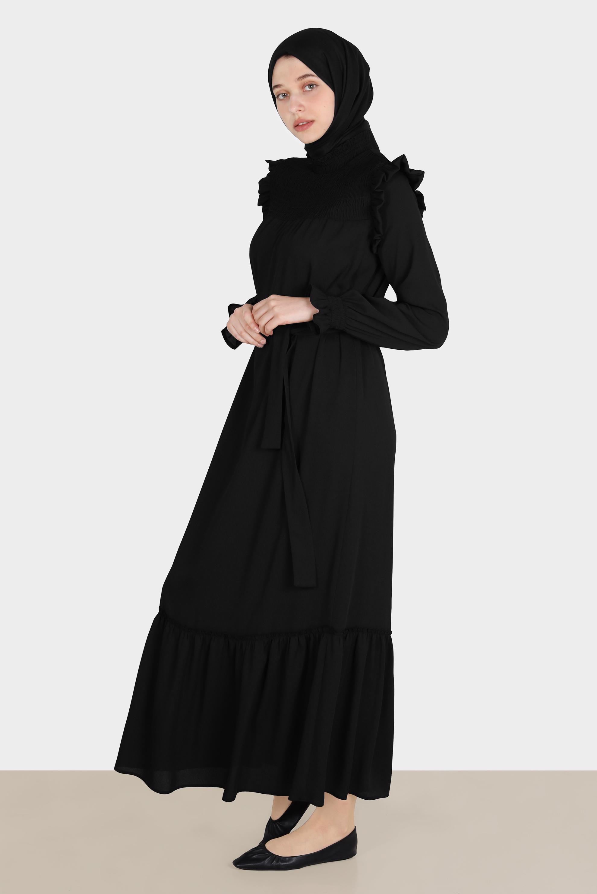 Tesettür giyim SİYAH OMUZLARI FIRFIRLI KUŞAKLI AEROBİN ELBİSE 42720 