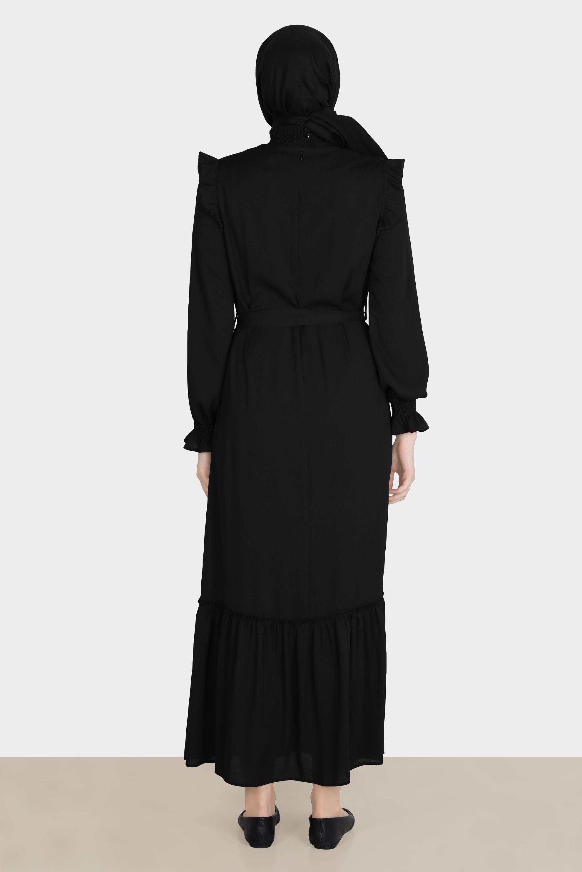 Tesettür giyim SİYAH OMUZLARI FIRFIRLI KUŞAKLI AEROBİN ELBİSE 42720 