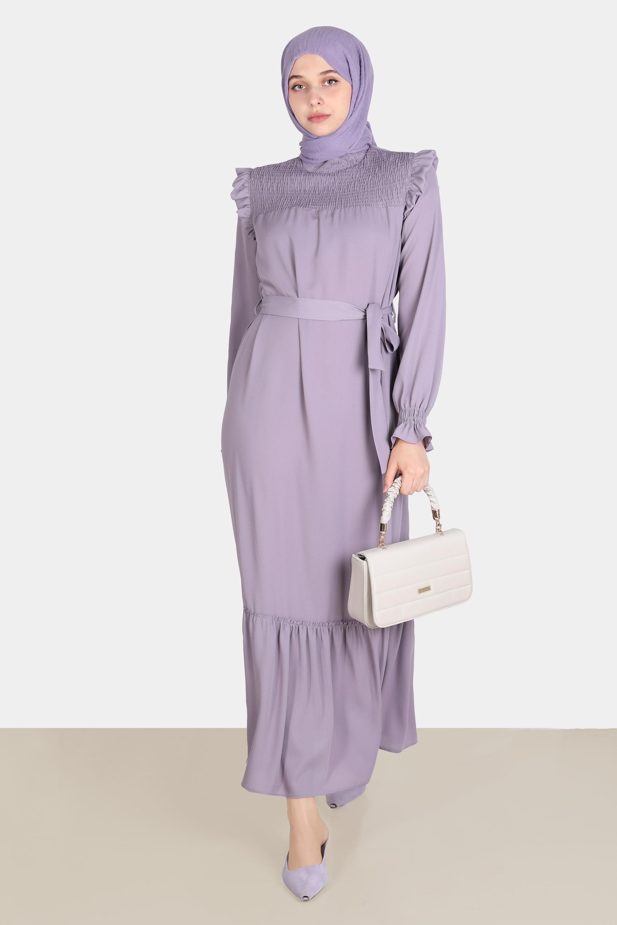 Tesettür giyim MOR OMUZLARI FIRFIRLI KUŞAKLI AEROBİN ELBİSE 42720 