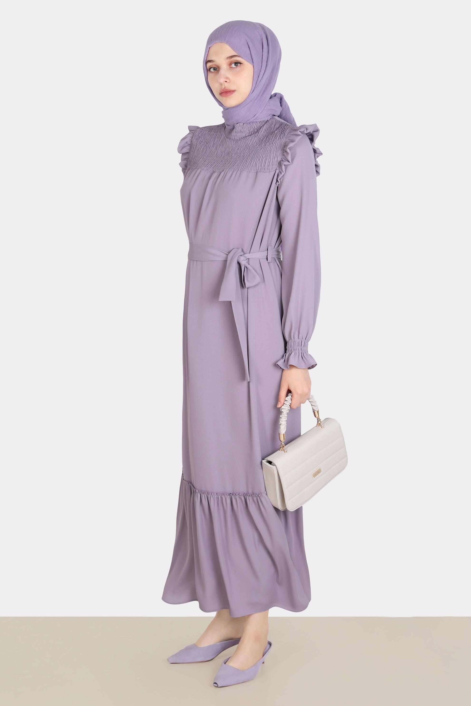 Tesettür giyim MOR OMUZLARI FIRFIRLI KUŞAKLI AEROBİN ELBİSE 42720 