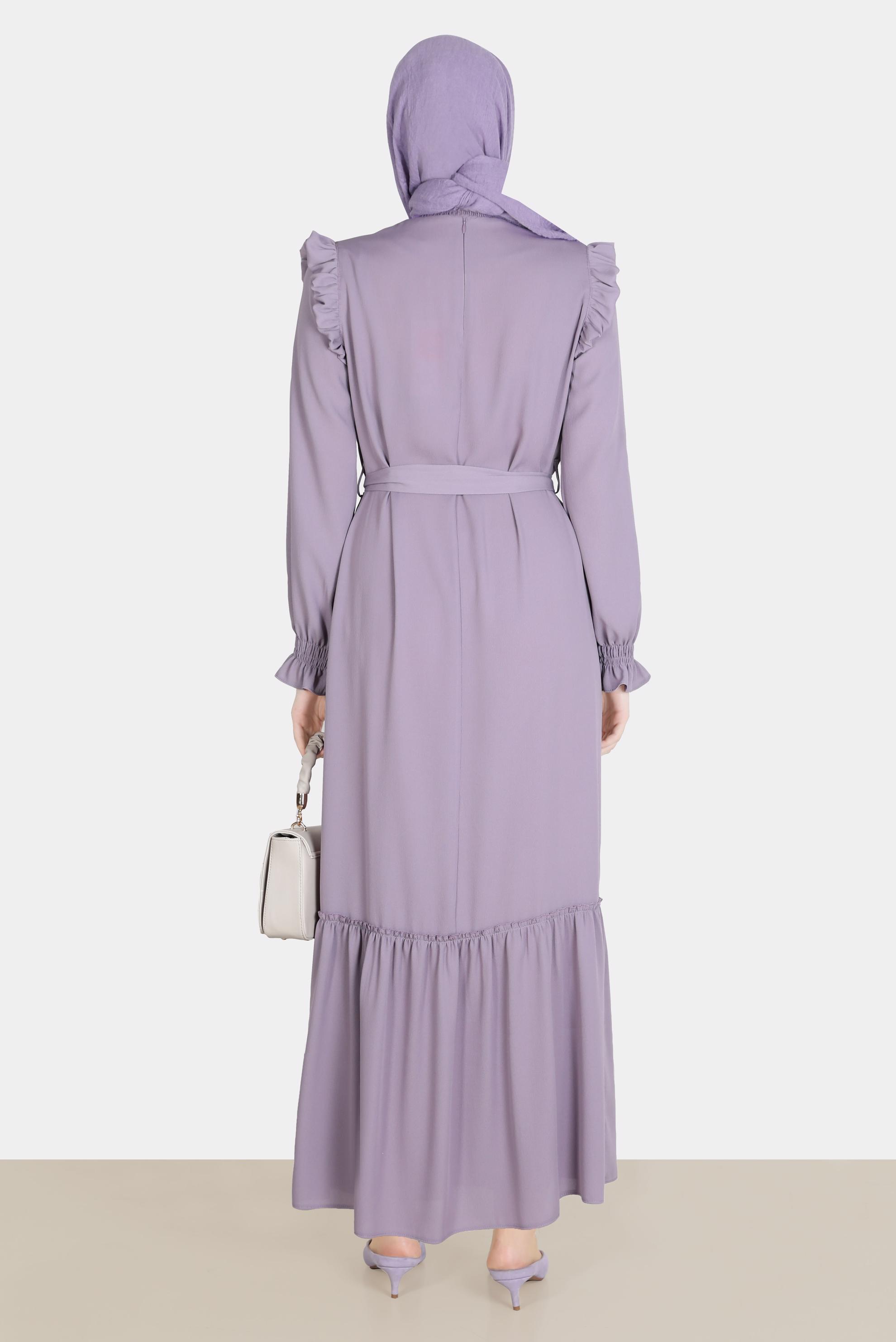 Tesettür giyim MOR OMUZLARI FIRFIRLI KUŞAKLI AEROBİN ELBİSE 42720 