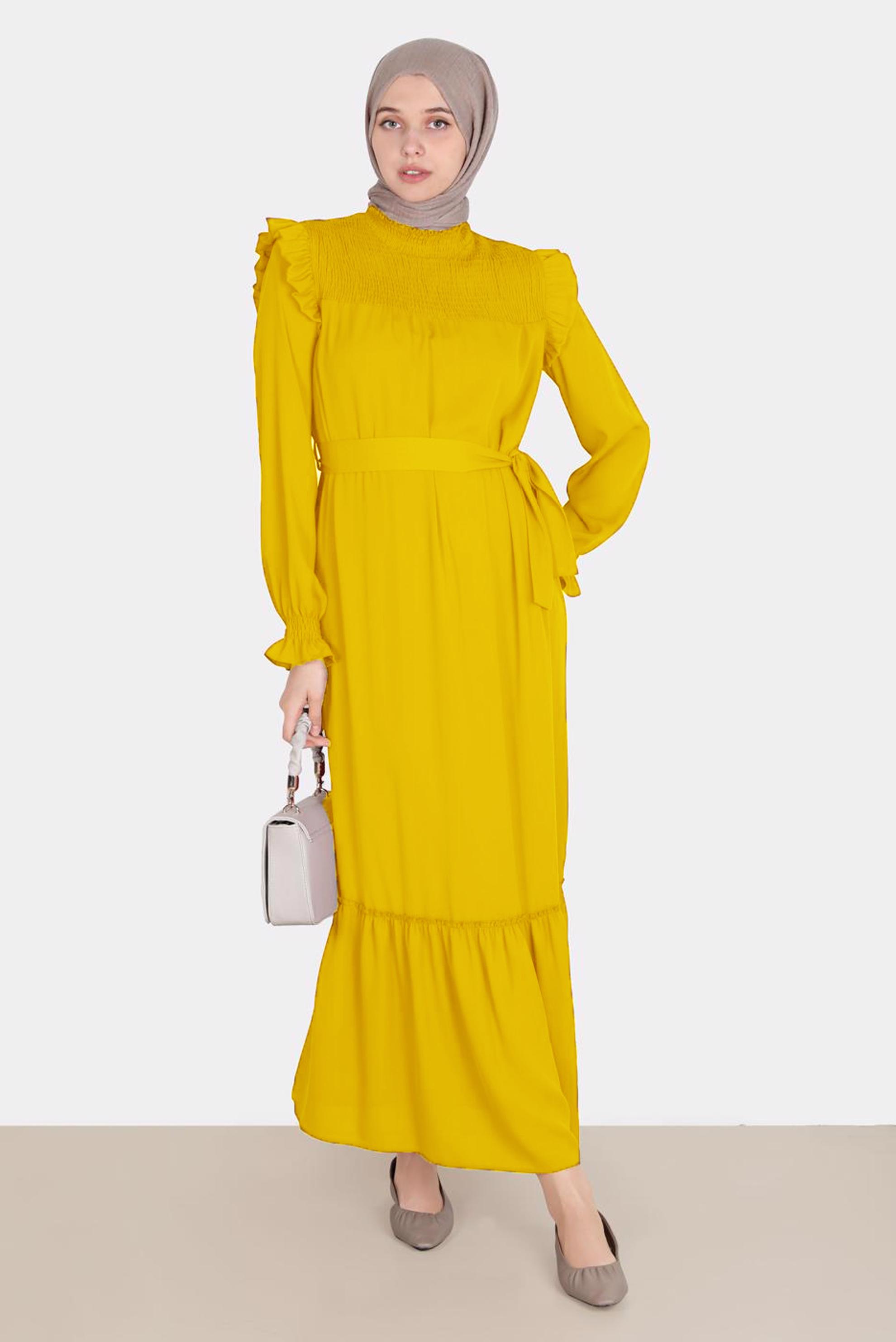 Tesettür giyim SARI OMUZLARI FIRFIRLI KUŞAKLI AEROBİN ELBİSE 42720 