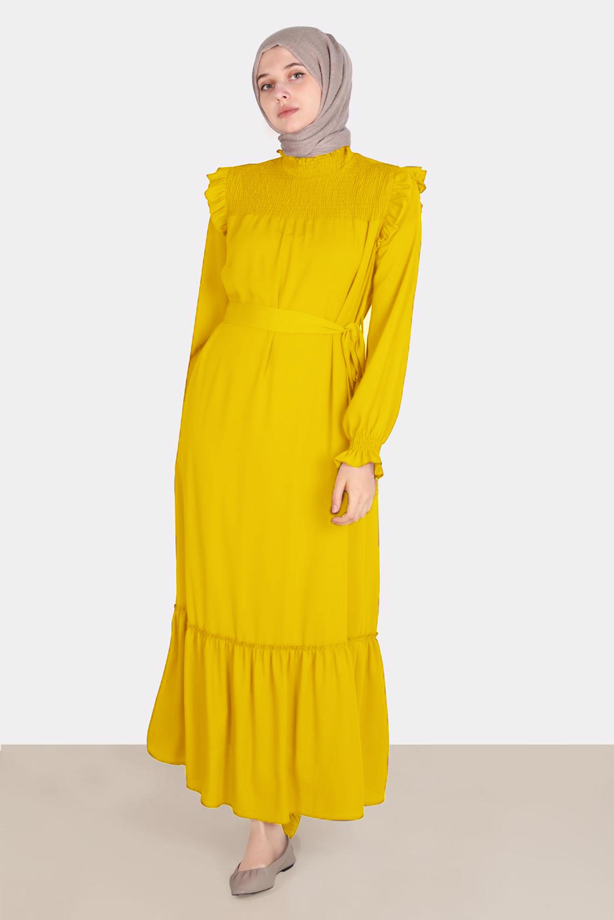 Tesettür giyim SARI OMUZLARI FIRFIRLI KUŞAKLI AEROBİN ELBİSE 42720 
