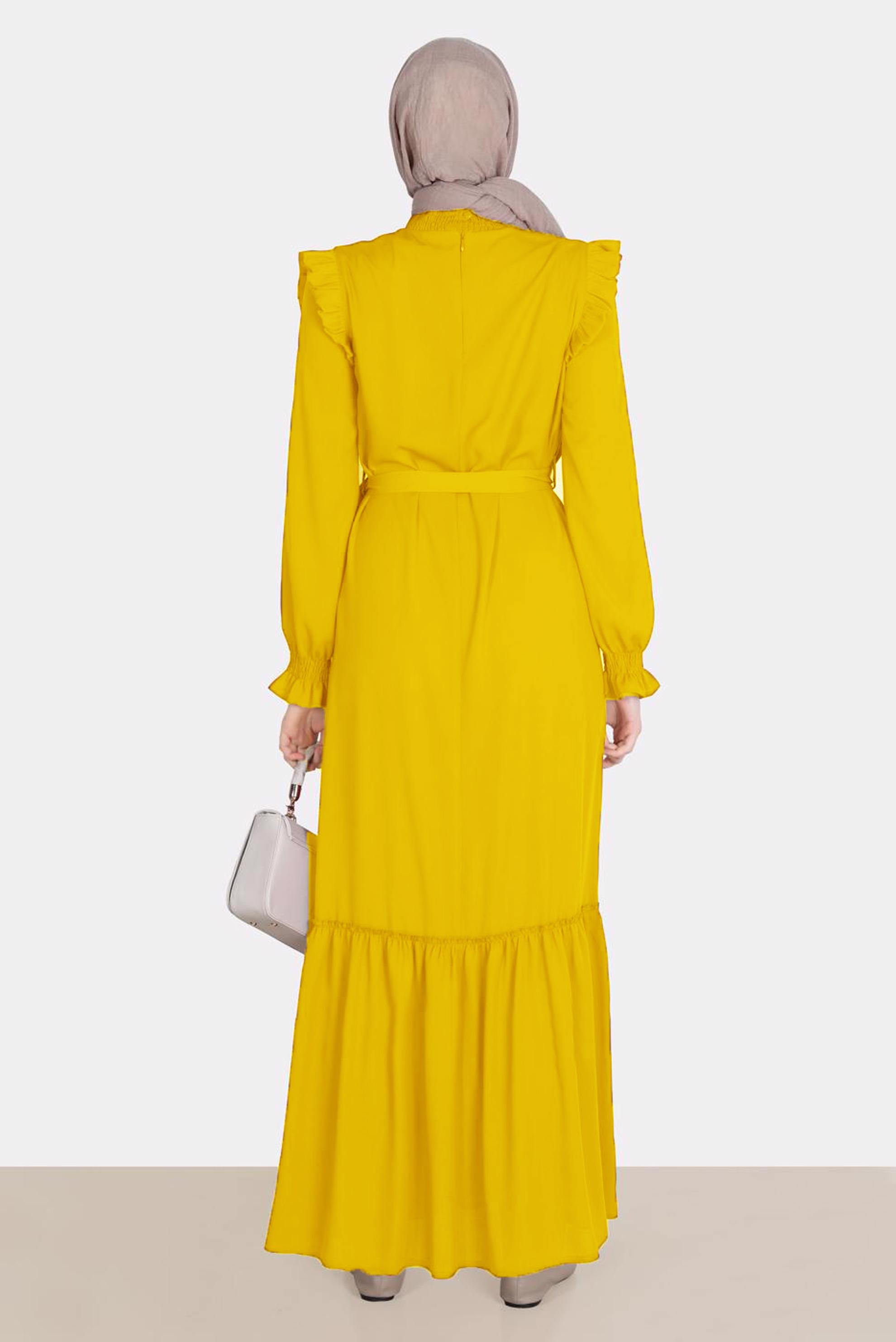 Tesettür giyim SARI OMUZLARI FIRFIRLI KUŞAKLI AEROBİN ELBİSE 42720 