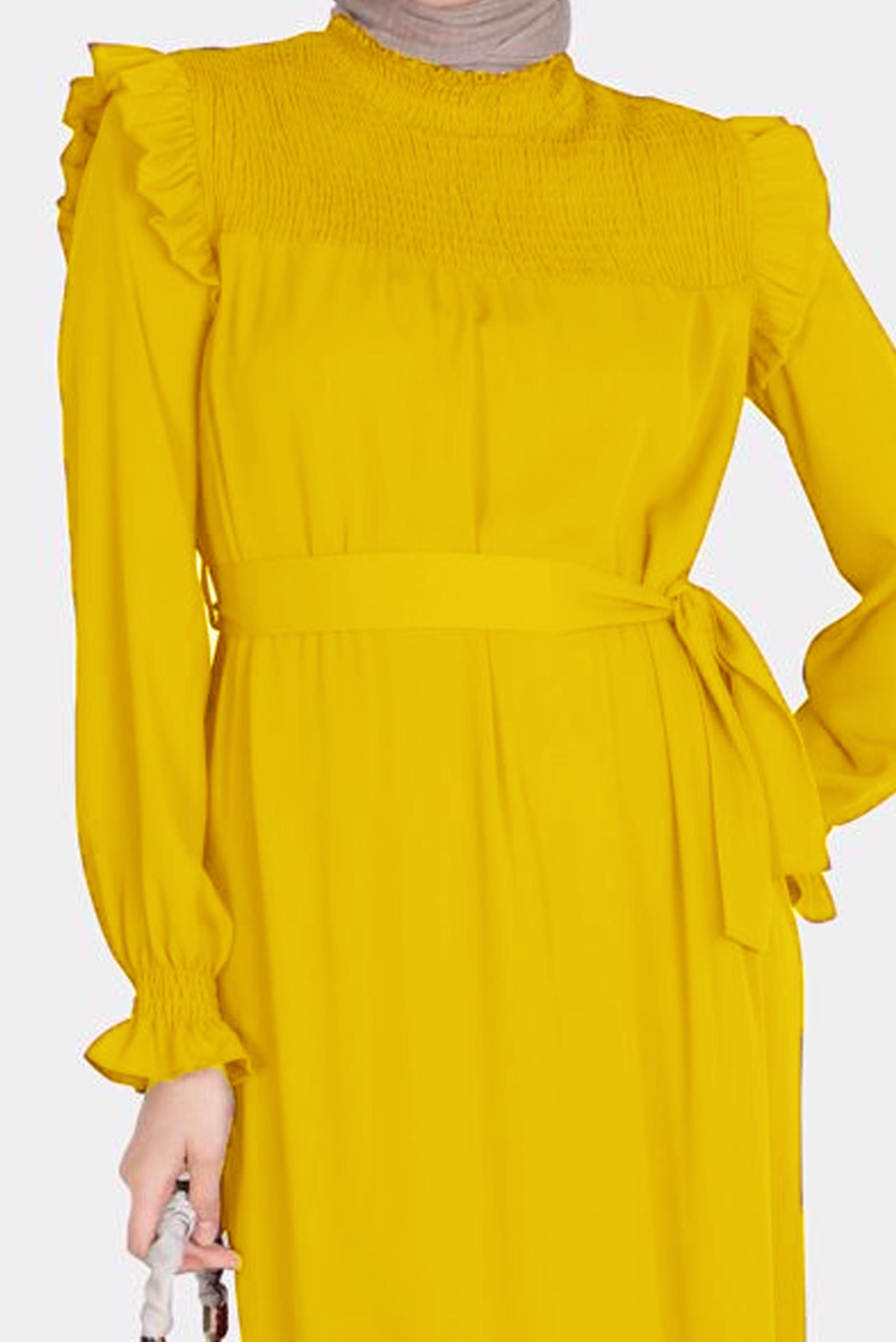 Tesettür giyim SARI OMUZLARI FIRFIRLI KUŞAKLI AEROBİN ELBİSE 42720 