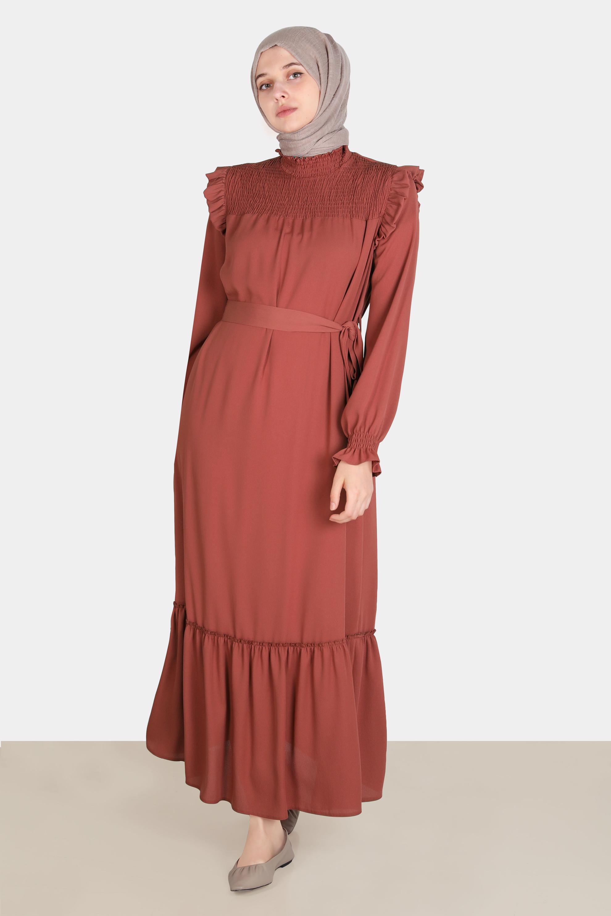 Tesettür giyim TURUNCU OMUZLARI FIRFIRLI KUŞAKLI AEROBİN ELBİSE 42720 