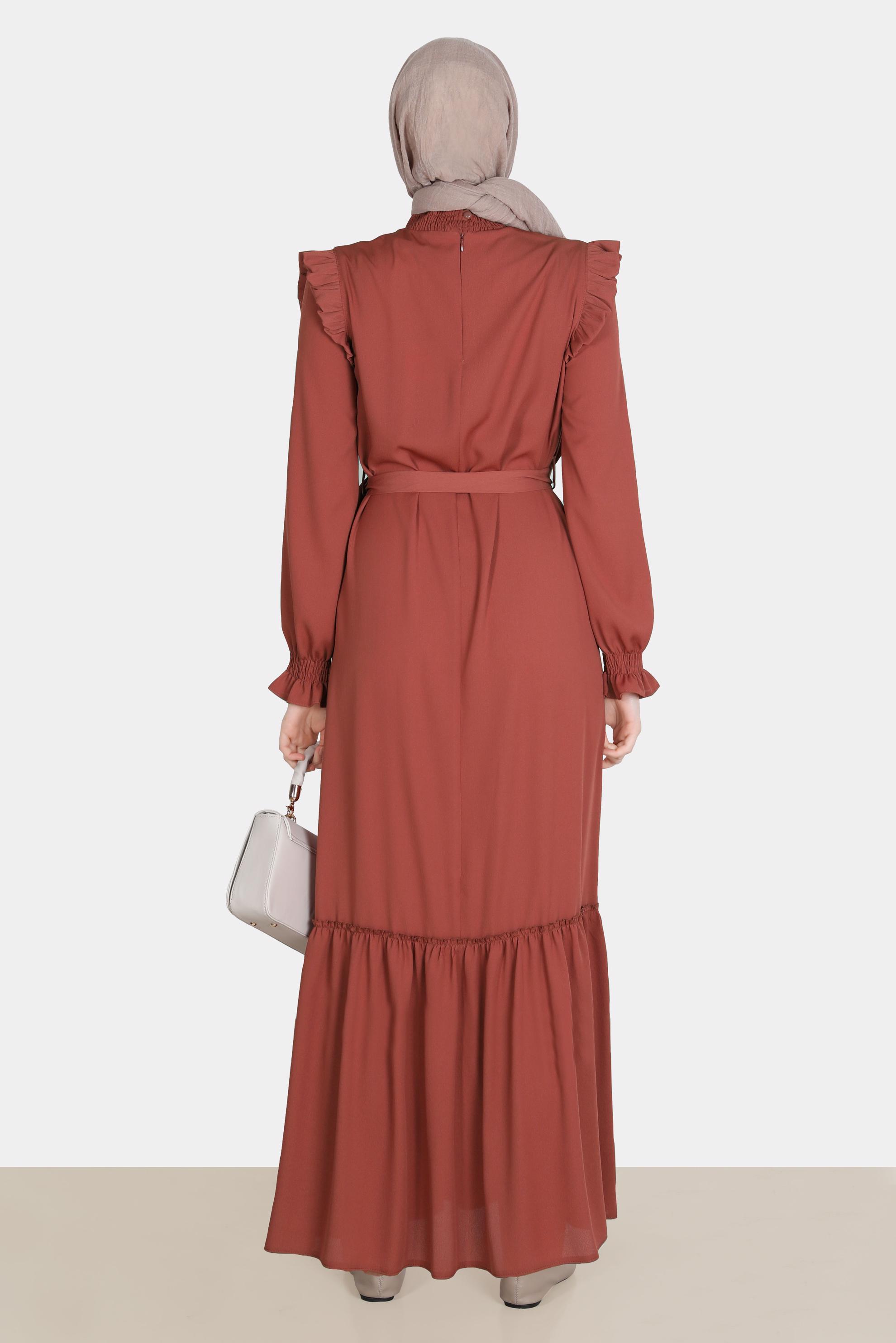 Tesettür giyim TURUNCU OMUZLARI FIRFIRLI KUŞAKLI AEROBİN ELBİSE 42720 