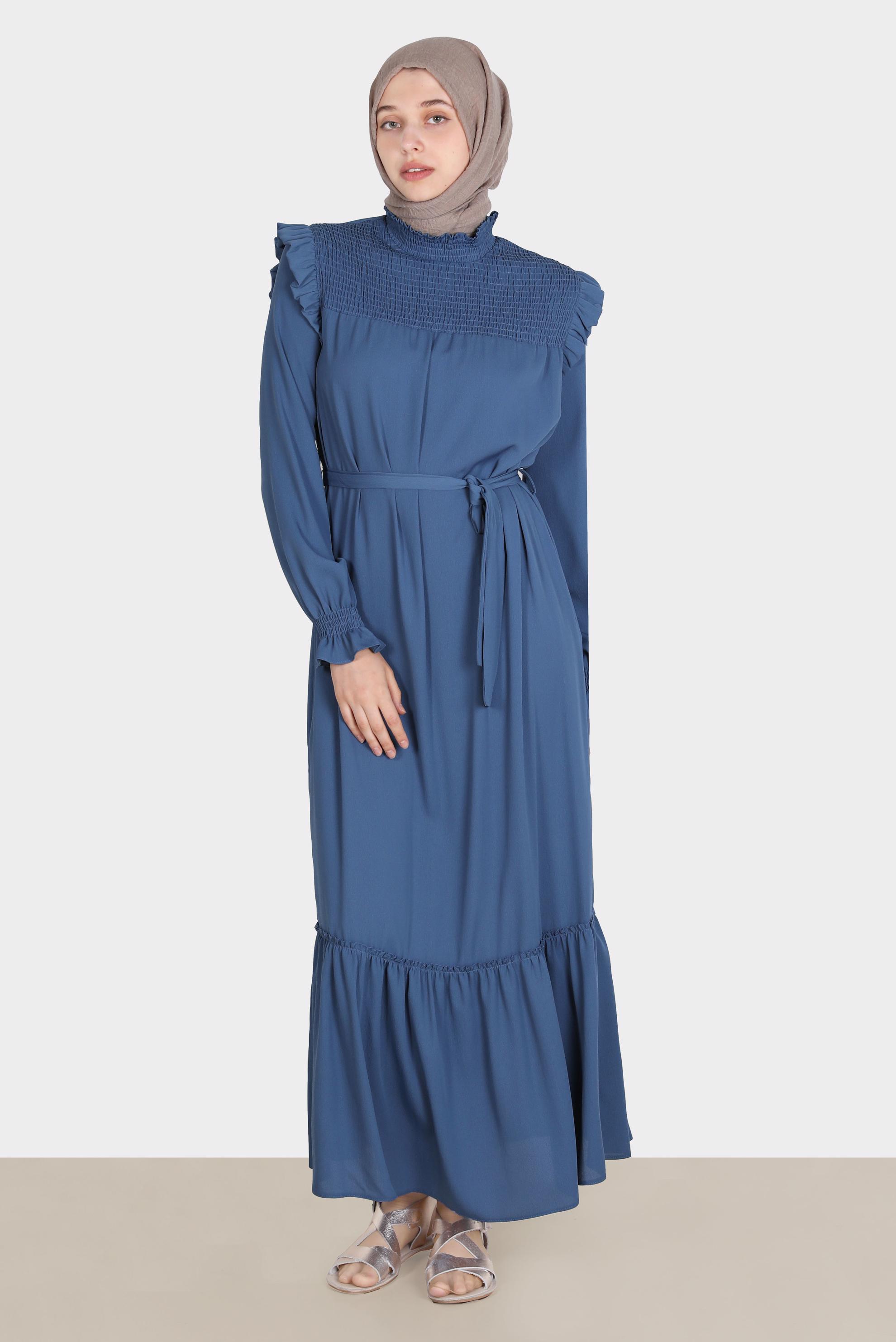 Tesettür giyim LACİVERT OMUZLARI FIRFIRLI KUŞAKLI AEROBİN ELBİSE 42720 