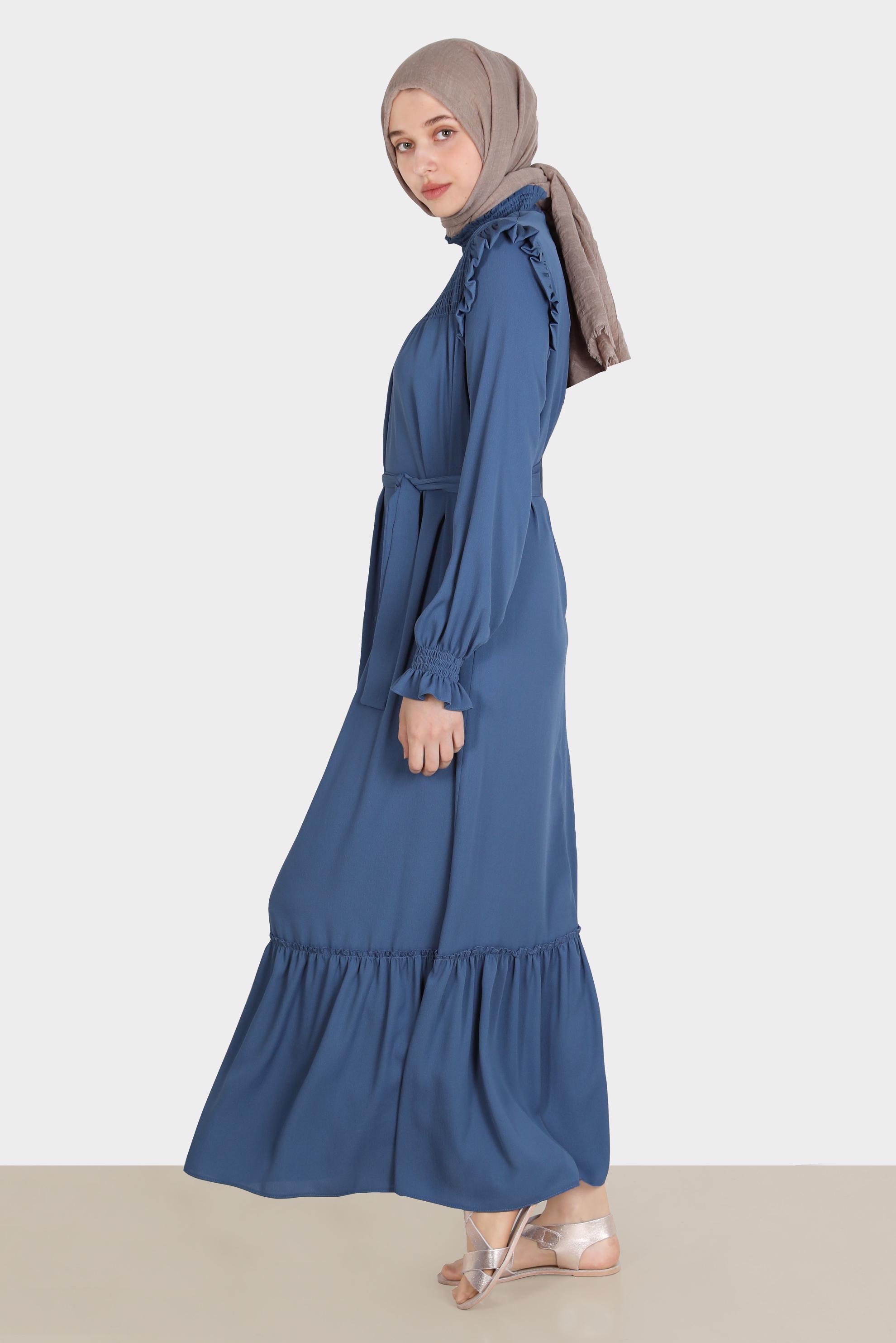 Tesettür giyim LACİVERT OMUZLARI FIRFIRLI KUŞAKLI AEROBİN ELBİSE 42720 