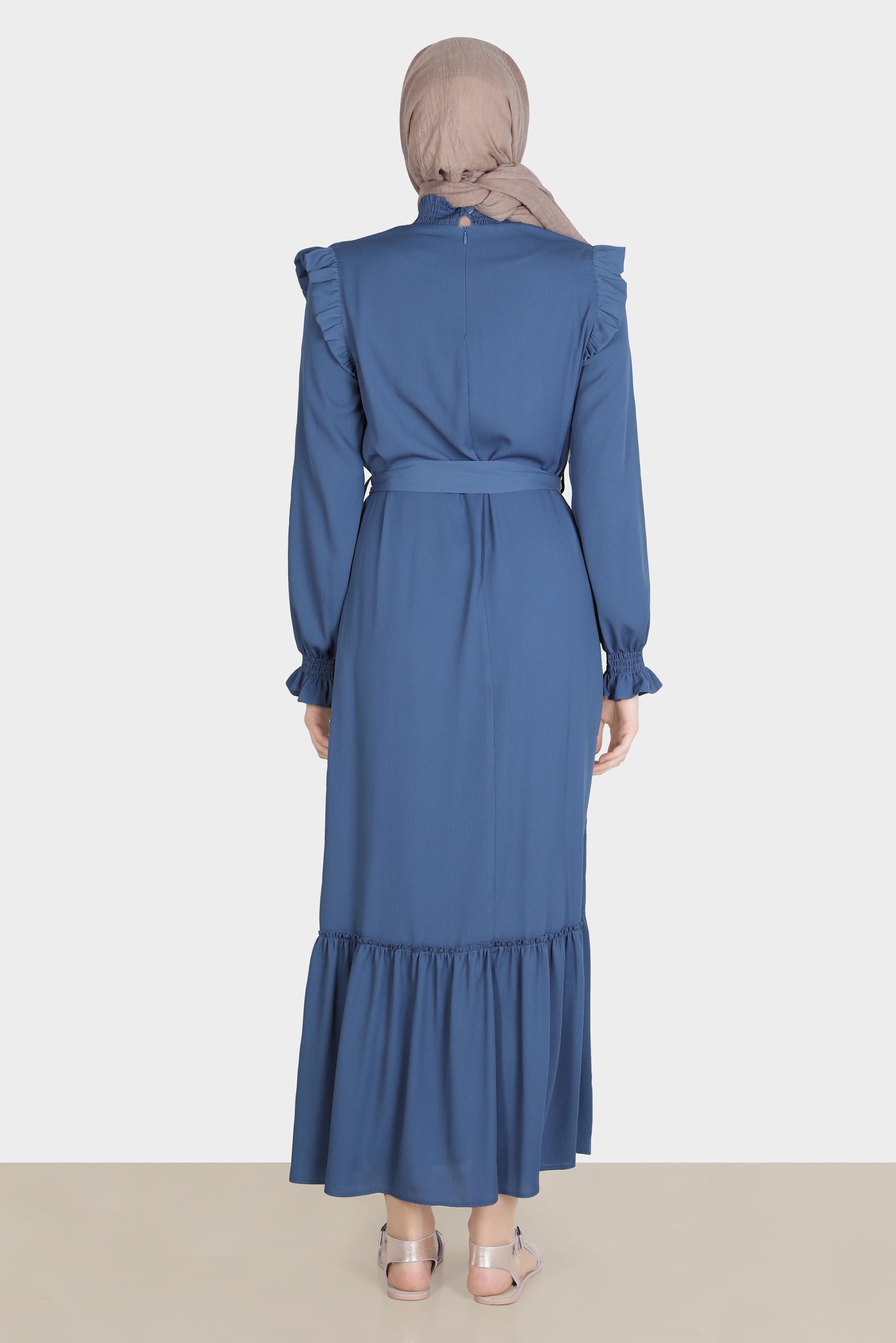 Tesettür giyim LACİVERT OMUZLARI FIRFIRLI KUŞAKLI AEROBİN ELBİSE 42720 