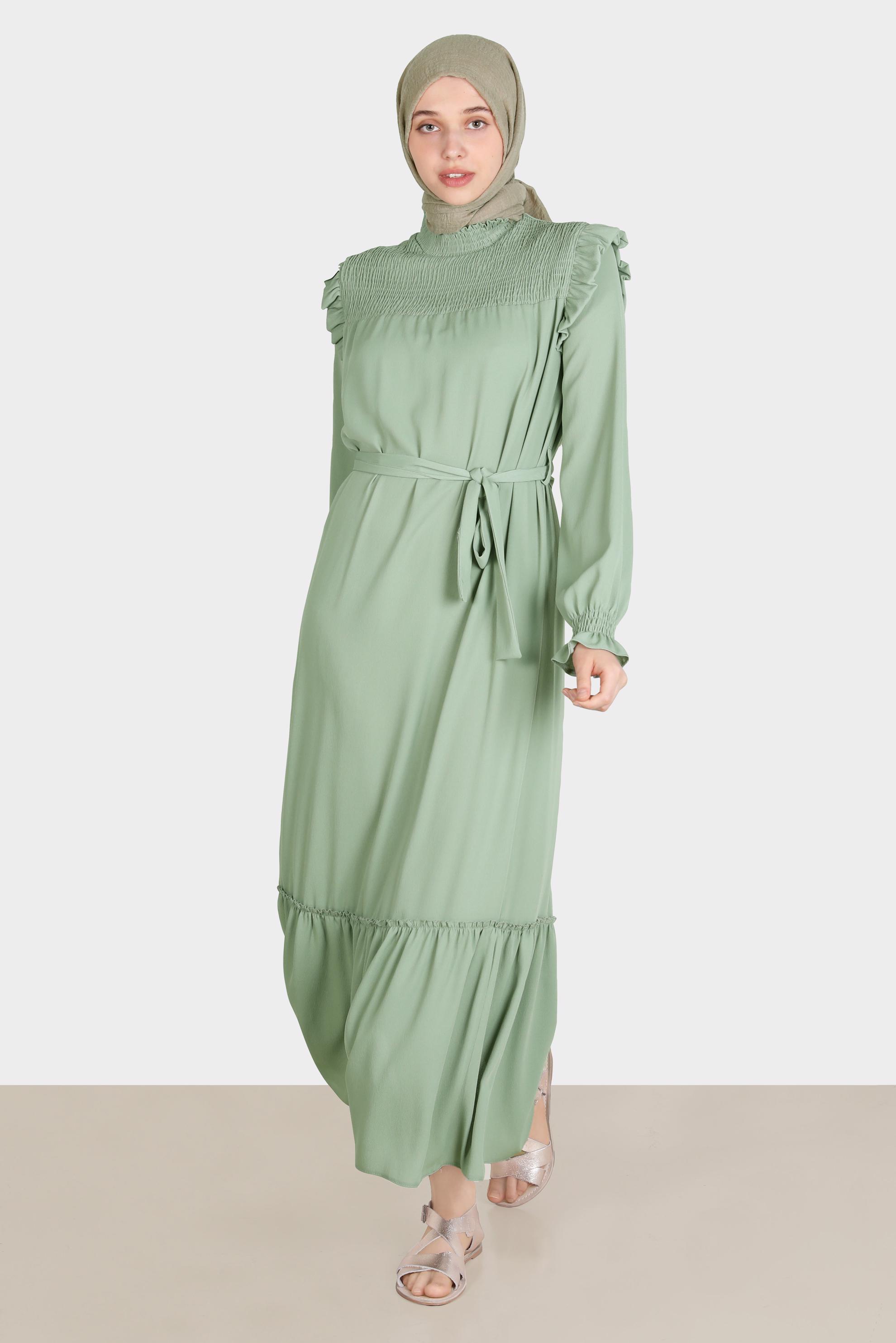 Tesettür giyim YEŞİL OMUZLARI FIRFIRLI KUŞAKLI AEROBİN ELBİSE 42720 