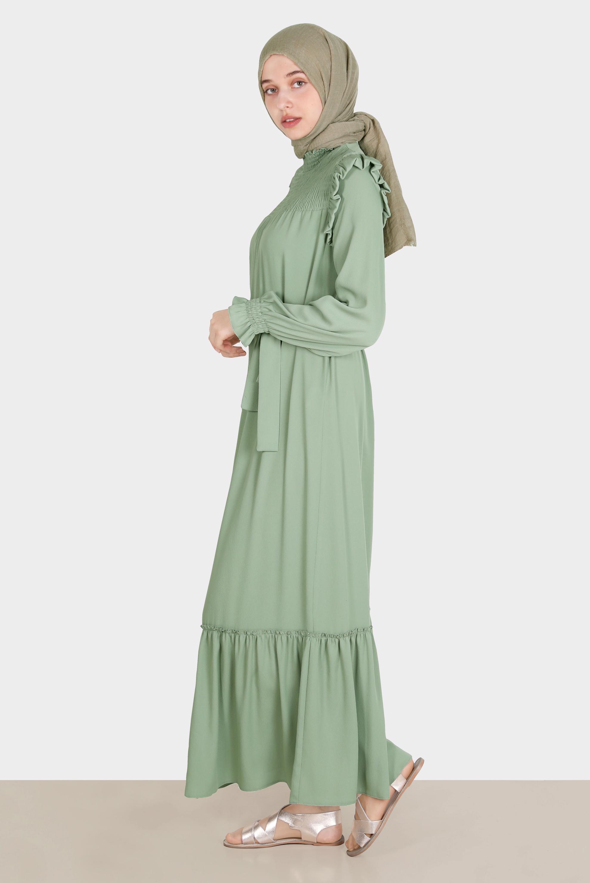 Tesettür giyim YEŞİL OMUZLARI FIRFIRLI KUŞAKLI AEROBİN ELBİSE 42720 
