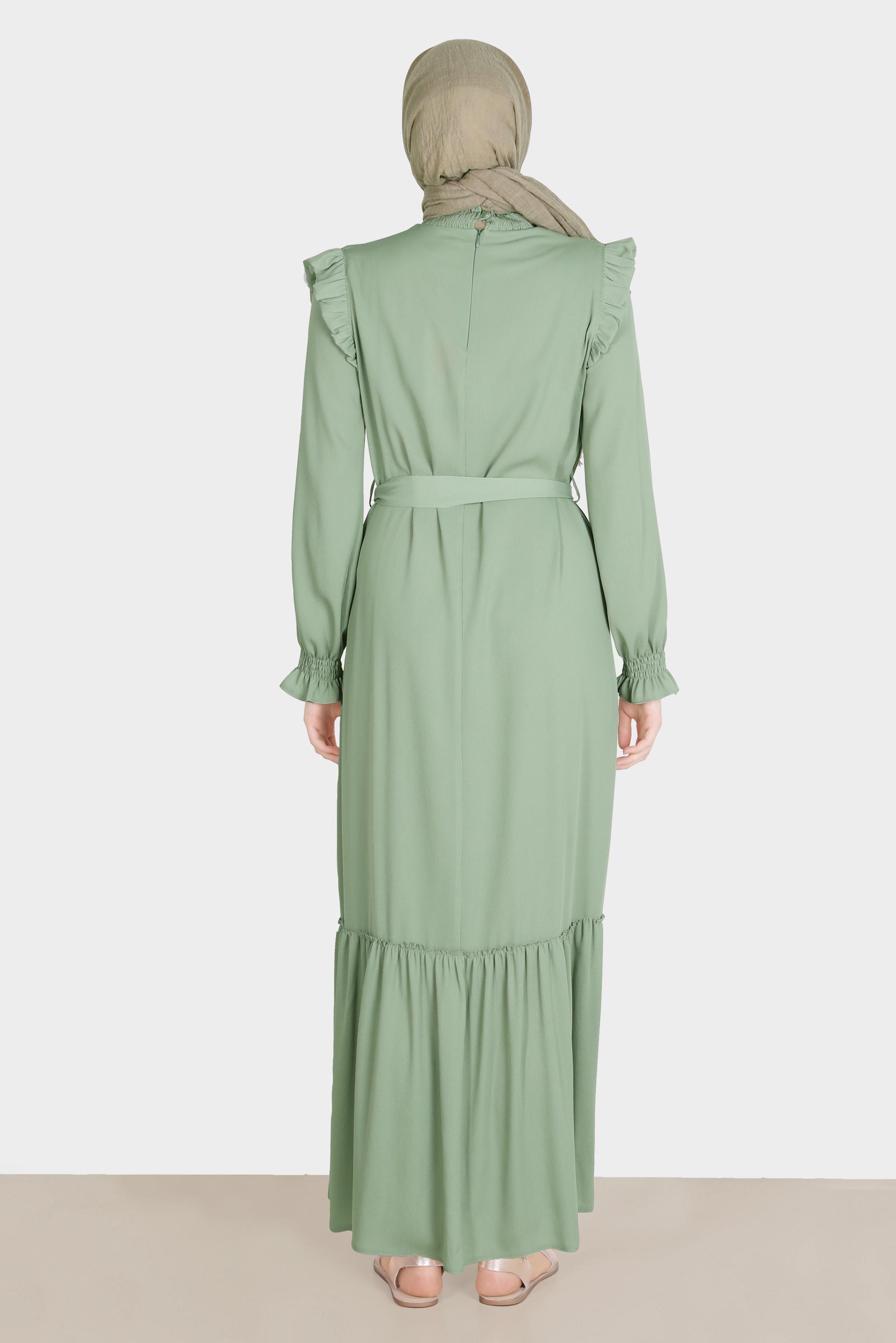 Tesettür giyim YEŞİL OMUZLARI FIRFIRLI KUŞAKLI AEROBİN ELBİSE 42720 