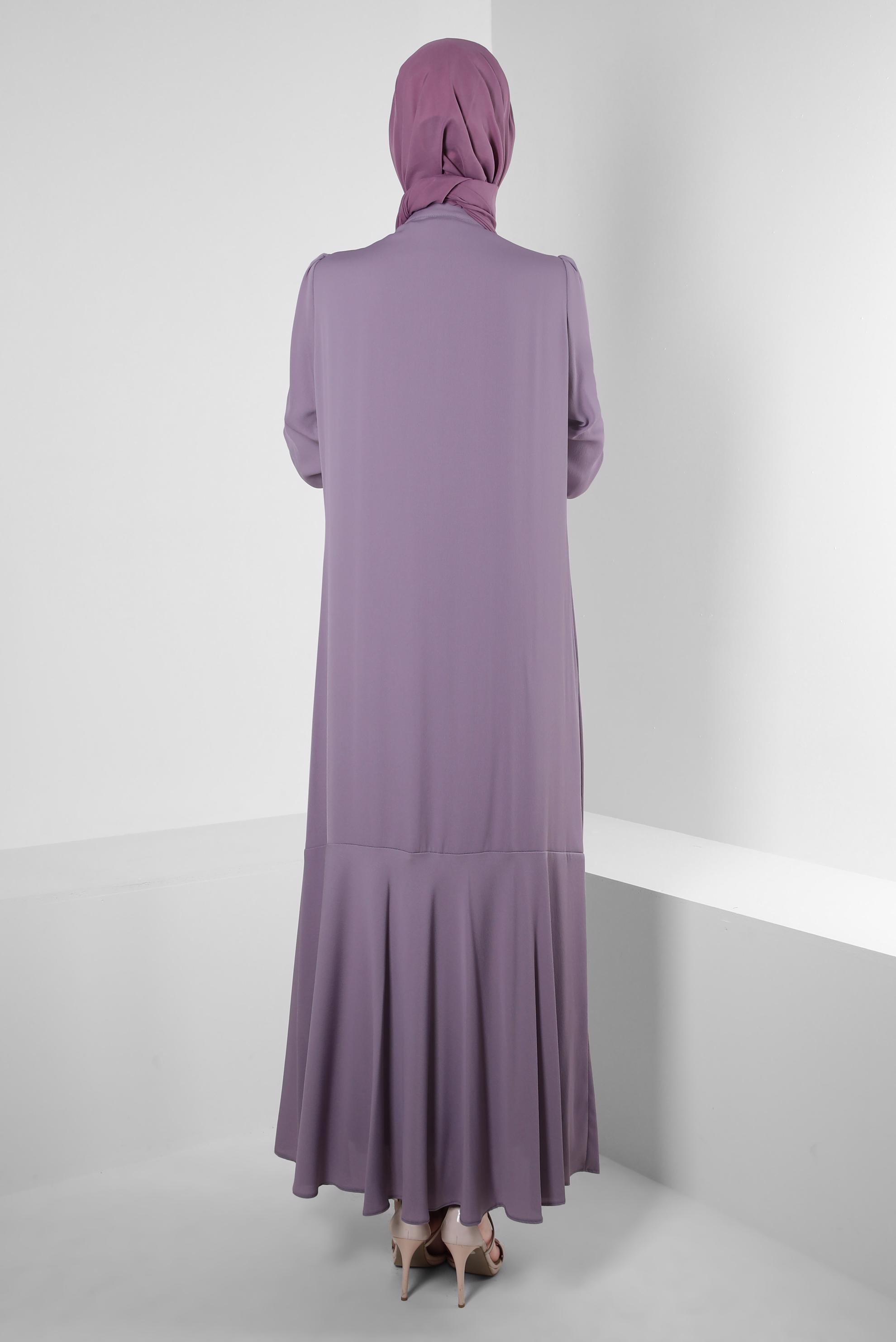 Tesettür giyim MOR YAKASI BAĞLAMALI DÜĞME DETAYLI AEROBİN ELBİSE 42725