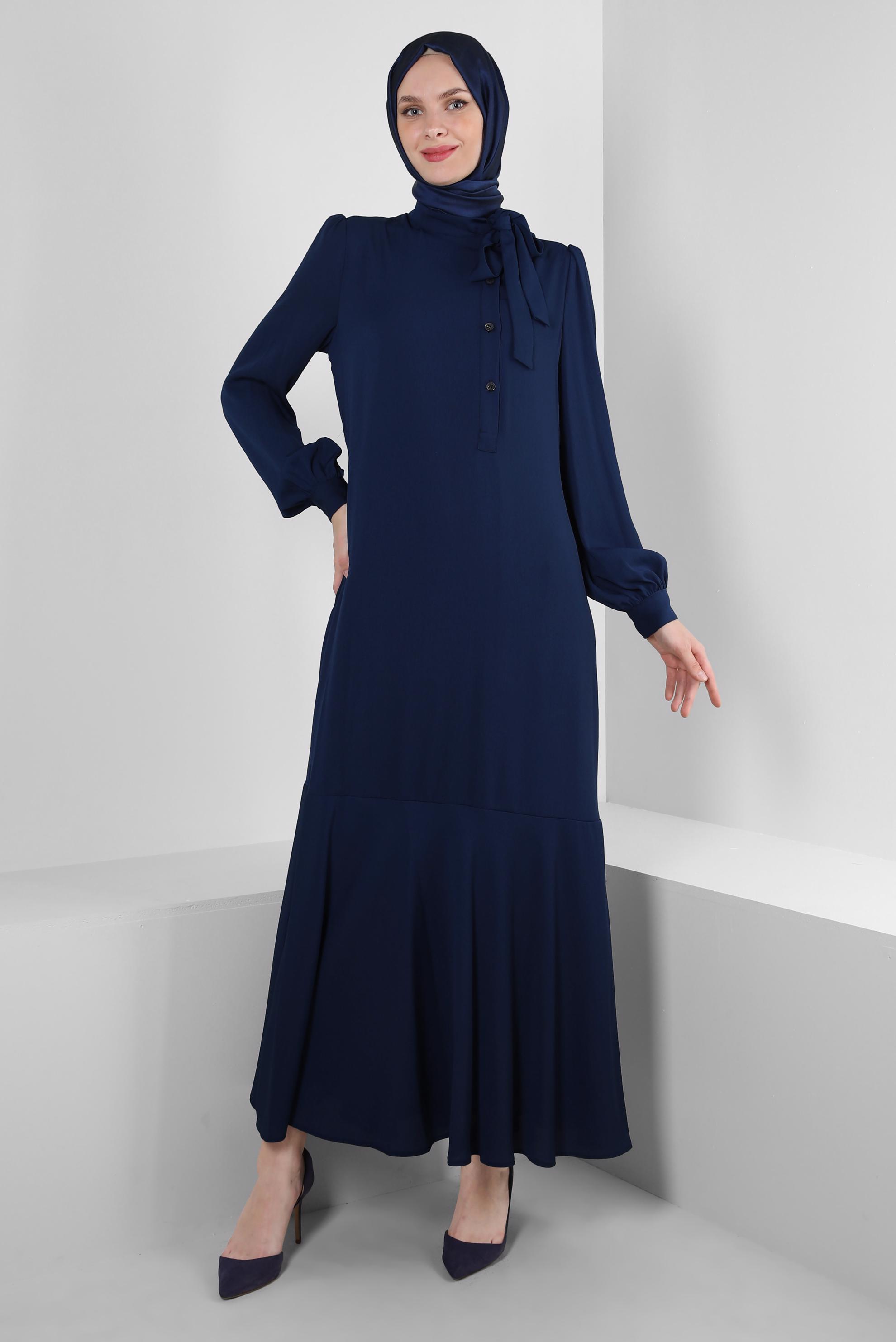 Tesettür giyim LACİVERT YAKASI BAĞLAMALI DÜĞME DETAYLI AEROBİN ELBİSE 42725