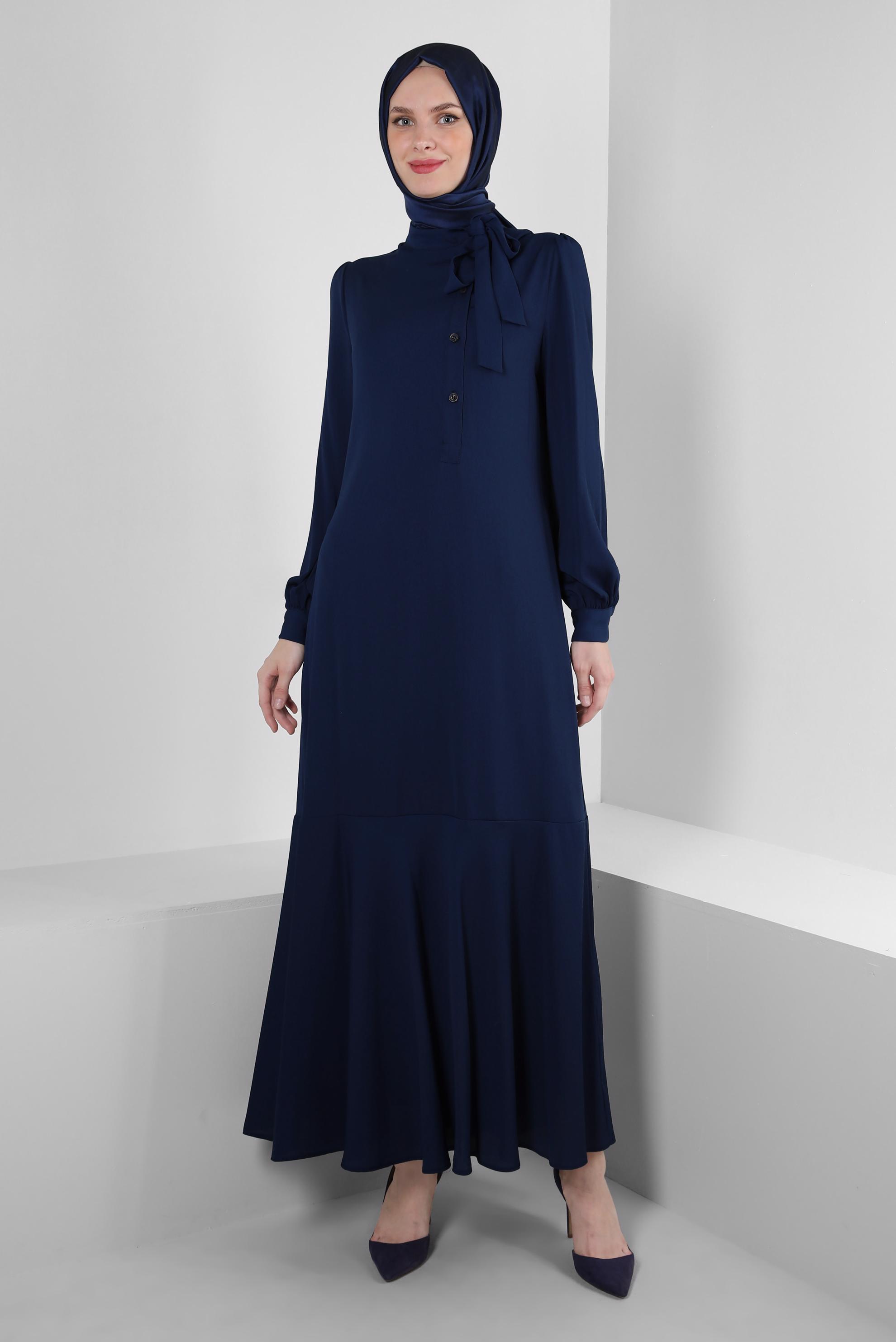 Tesettür giyim LACİVERT YAKASI BAĞLAMALI DÜĞME DETAYLI AEROBİN ELBİSE 42725
