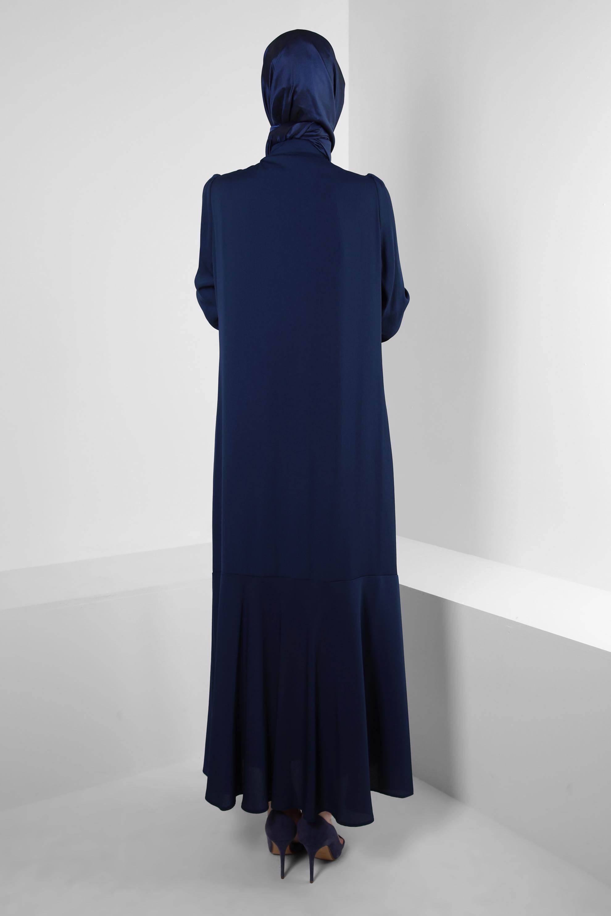 Tesettür giyim LACİVERT YAKASI BAĞLAMALI DÜĞME DETAYLI AEROBİN ELBİSE 42725