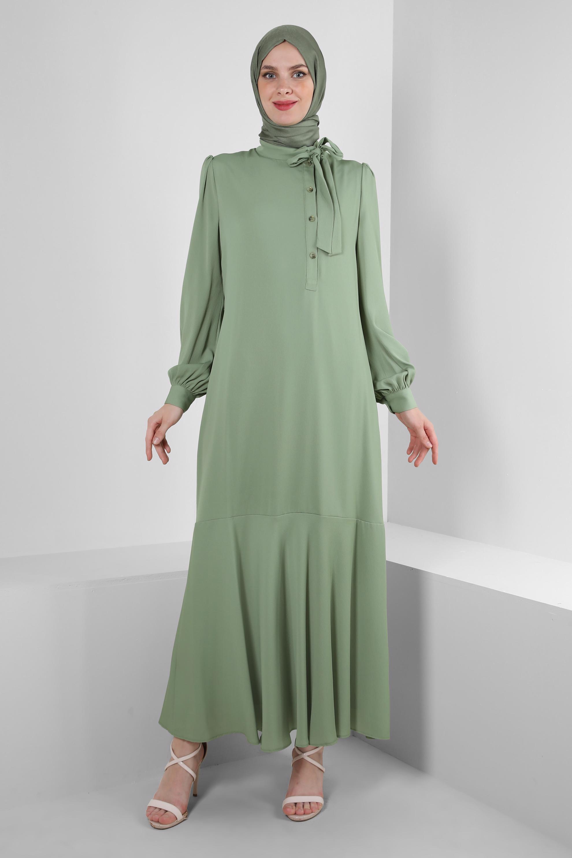 Tesettür giyim YEŞİL YAKASI BAĞLAMALI DÜĞME DETAYLI AEROBİN ELBİSE 42725